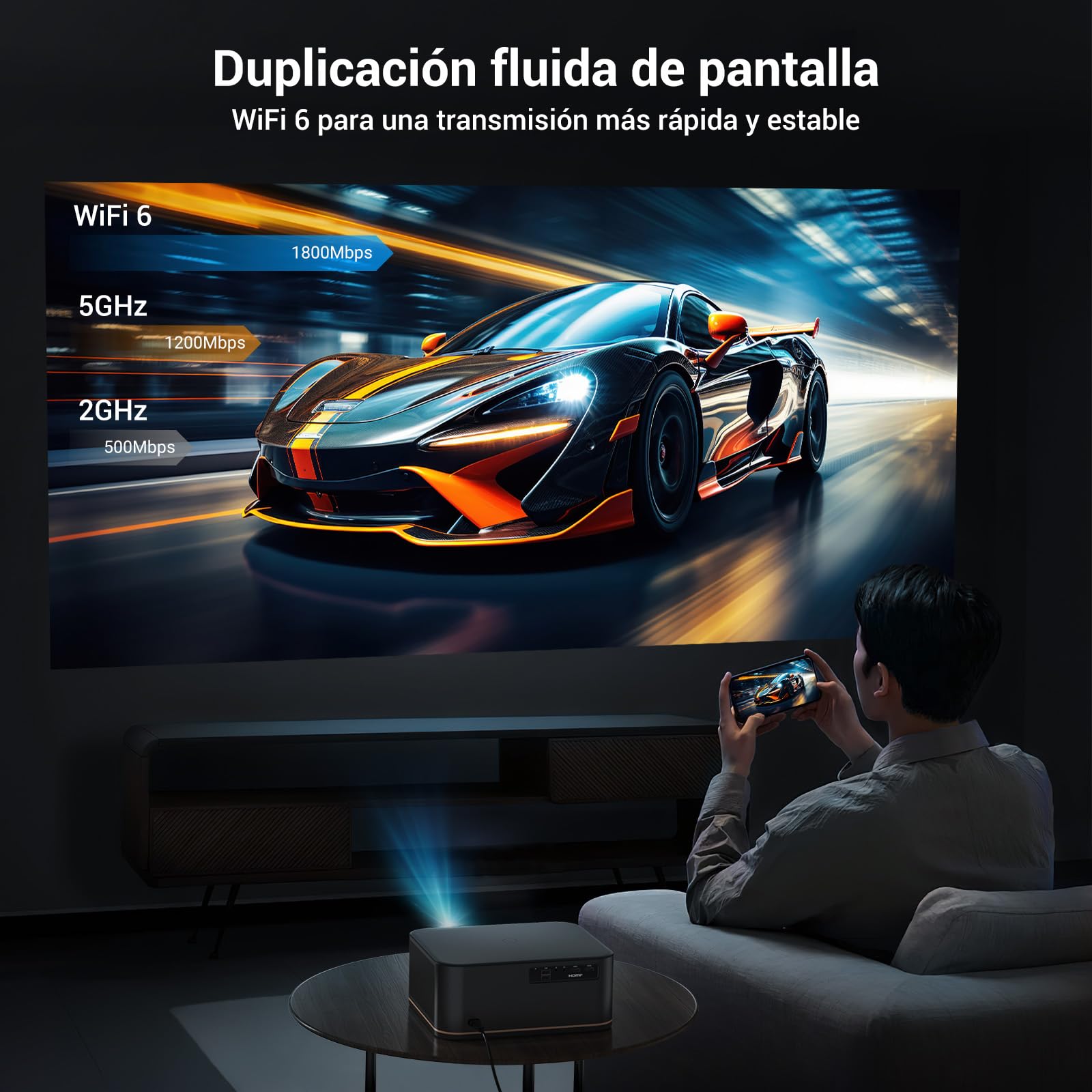 Proyector 4K【1500 ANSI/Auto Focus/Keystone】, HAPPRUN Cine en Casa Projector 38000 Lúmenes, WiFi 6 & Bluetooth 5.2, 300'' Proyectores con 50% Zoom para Movil/TV Stick/PC/PS5