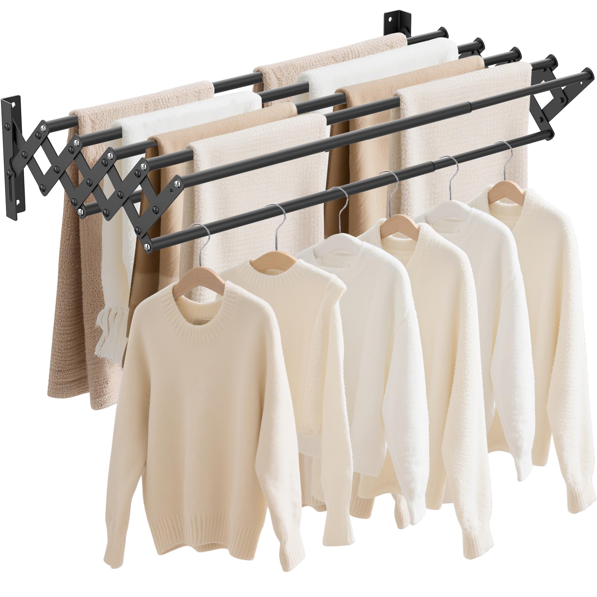 AKOZLIN Extendable Wall-mounted Clothes Drying Rack Stainless Steel Foldable and Retractable Towel Rack 42-80cm Large Capacity 7 Bars for Bathroom Balcony,Black-Small