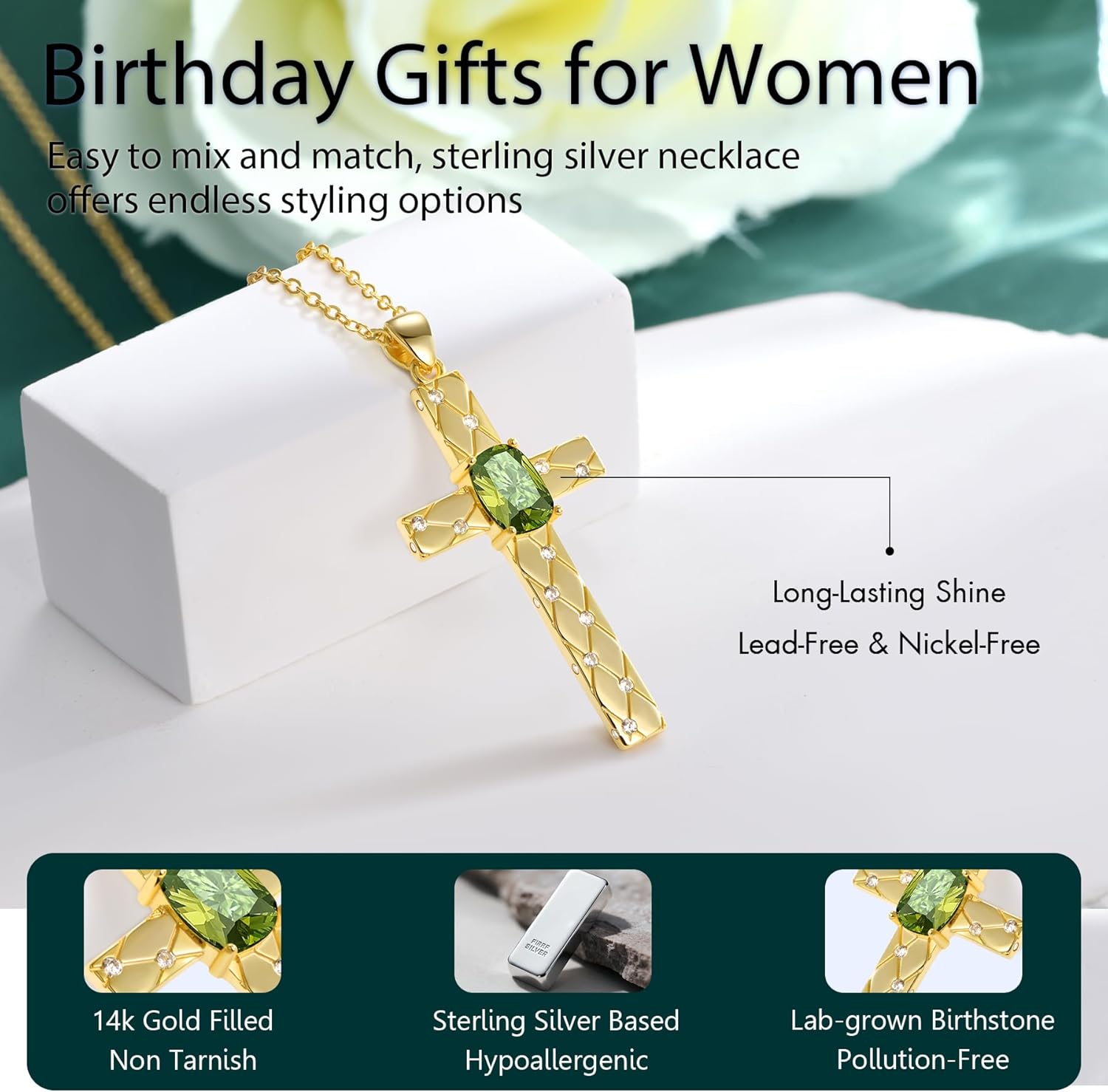 Christian Valentine's Day Gifts for Women - 14K Gold/White Gold Filled 925 Sterling Silver Cross Birthstone Pendant Necklaces, Religious Birthday Jewelry Gifts for Wife, Non Tarnish 18"+2" - Image 6