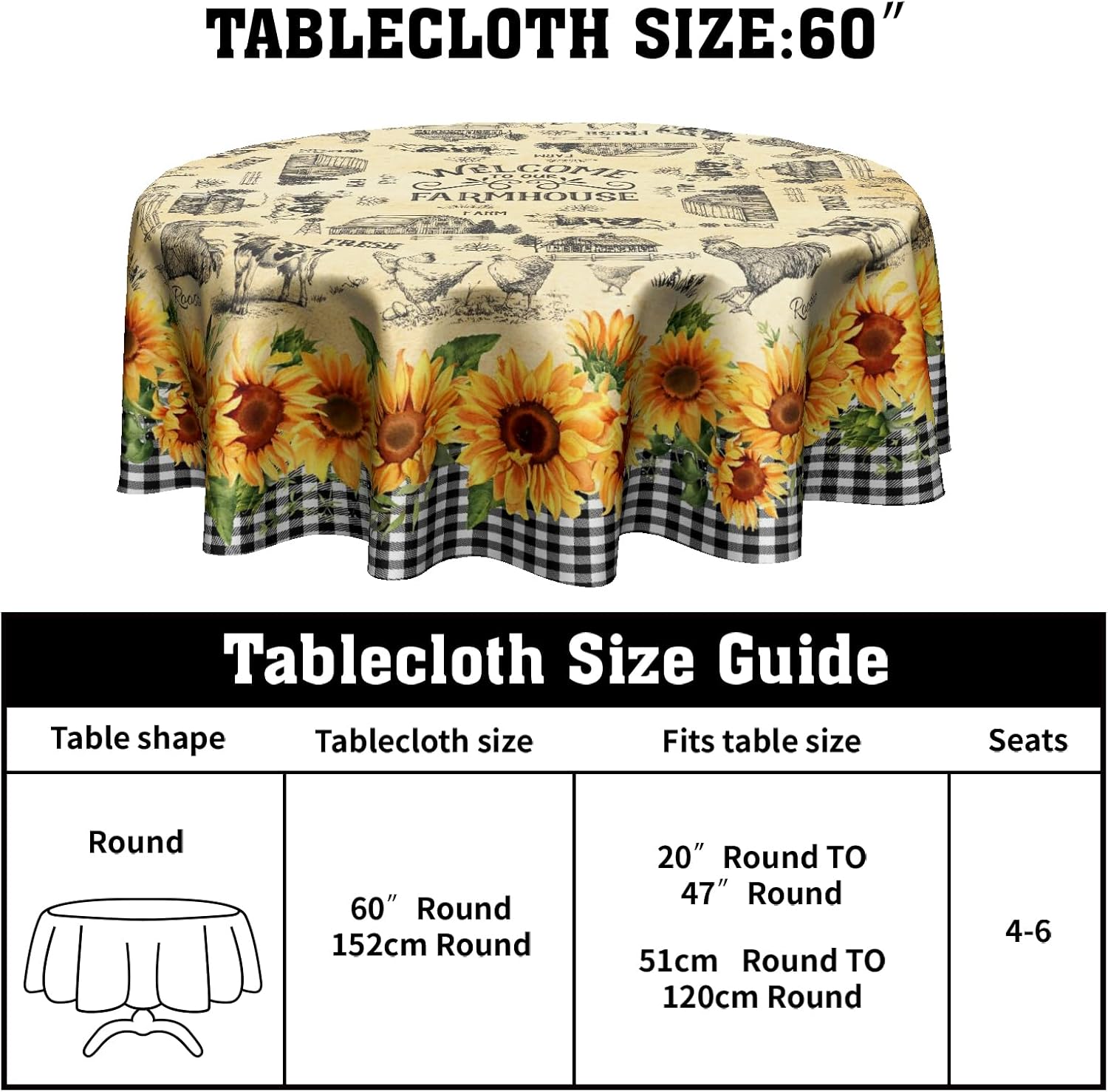 Farmhouse Tablecloth Round 60 Inch - Farm Animal Table Cloth Rustic Chicken Cow Sunflower Table Cover Floral Rooster Cabin Tablecloth for Kitchen Dining Party Indoor Outdoor - Image 2