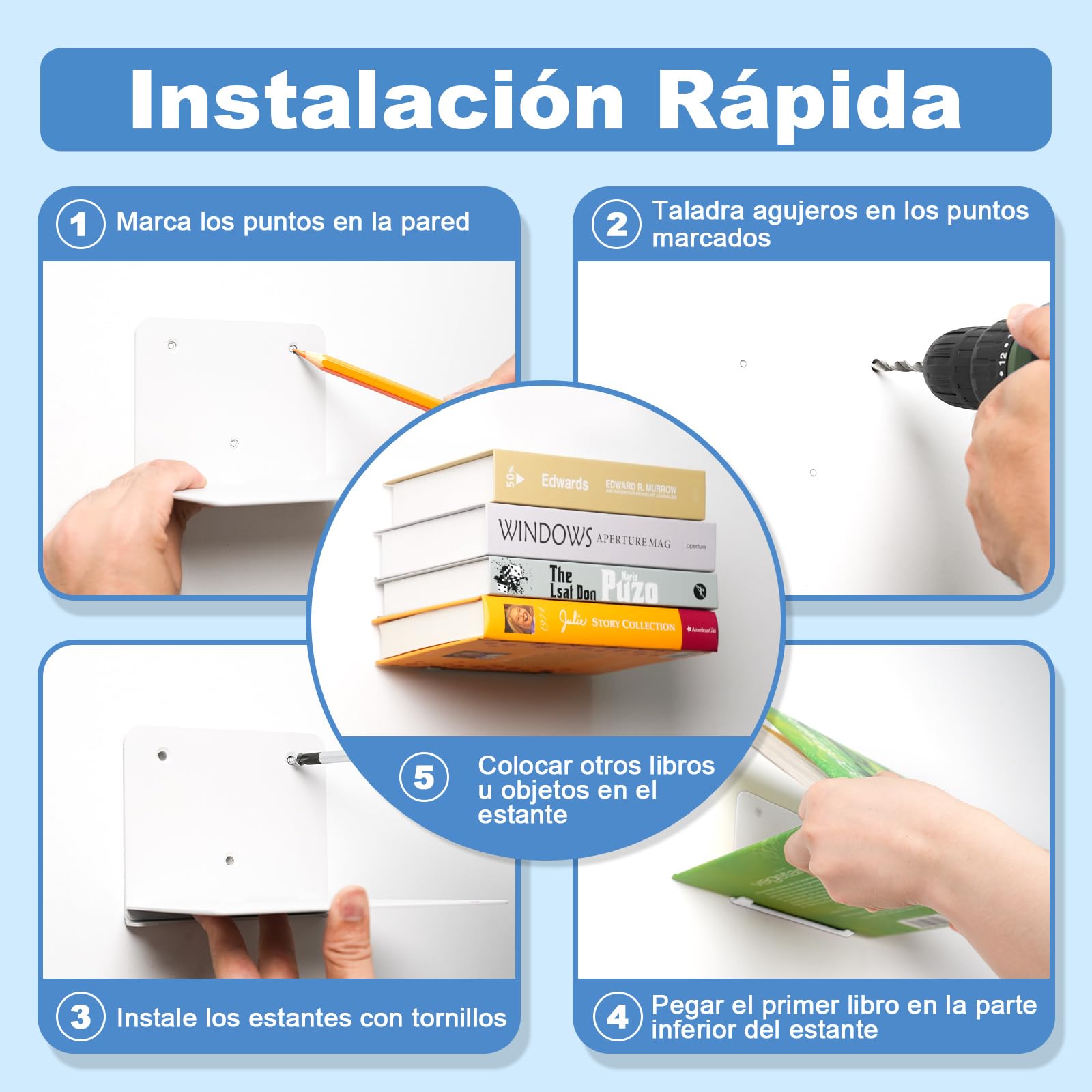 FENTEC Estantes de Libros Flotantes para Pared, Estantes de Libros Invisibles de Alta Resistencia, Estante de Libros de Metal Oculto para Decoración de Dormitorios y Oficinas, Juego de 6, Blanco