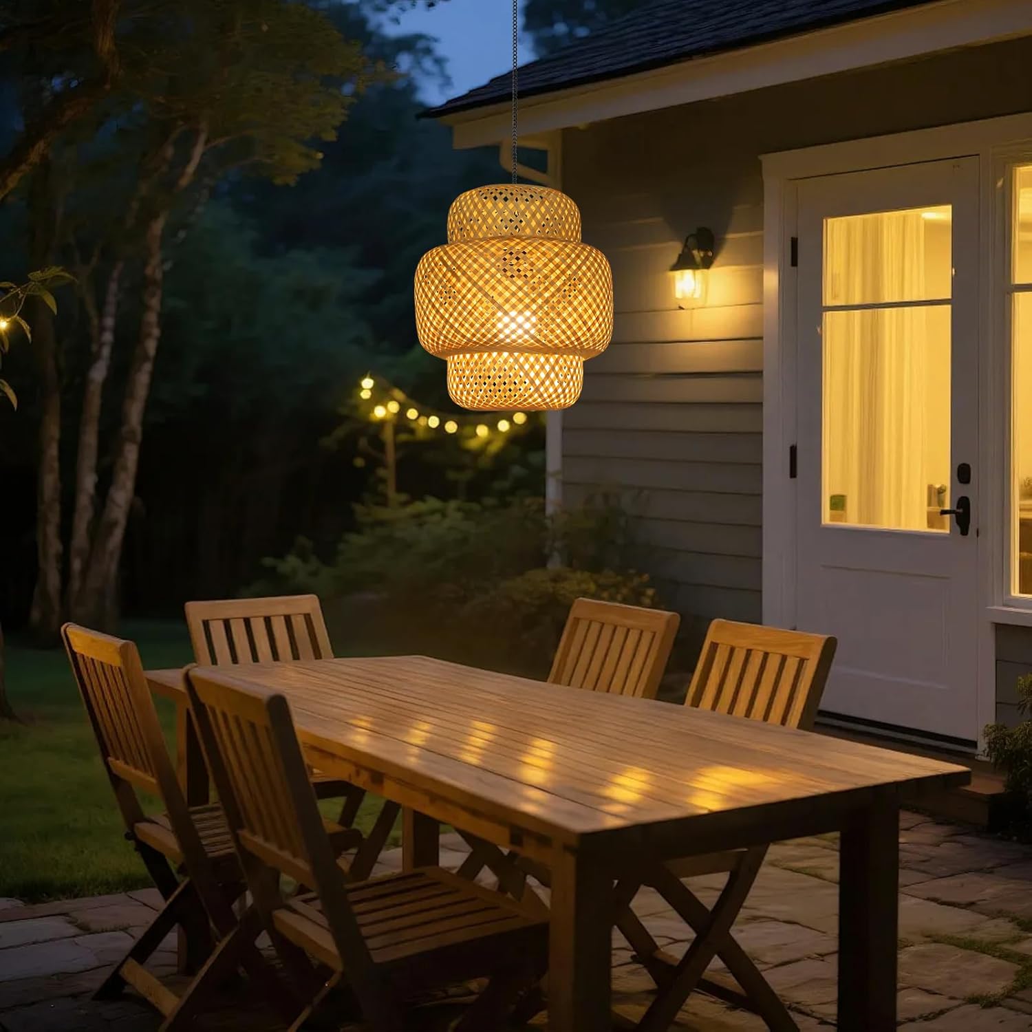 HMVPL Battery Operated Chandelier with Hook, Bamboo Outdoor Battery Operated Light with Remote, Boho Outdoor Chandelier for Porch, Wireless Dimmable Gazebo Light, Hanging Lamp for Patio Pergola