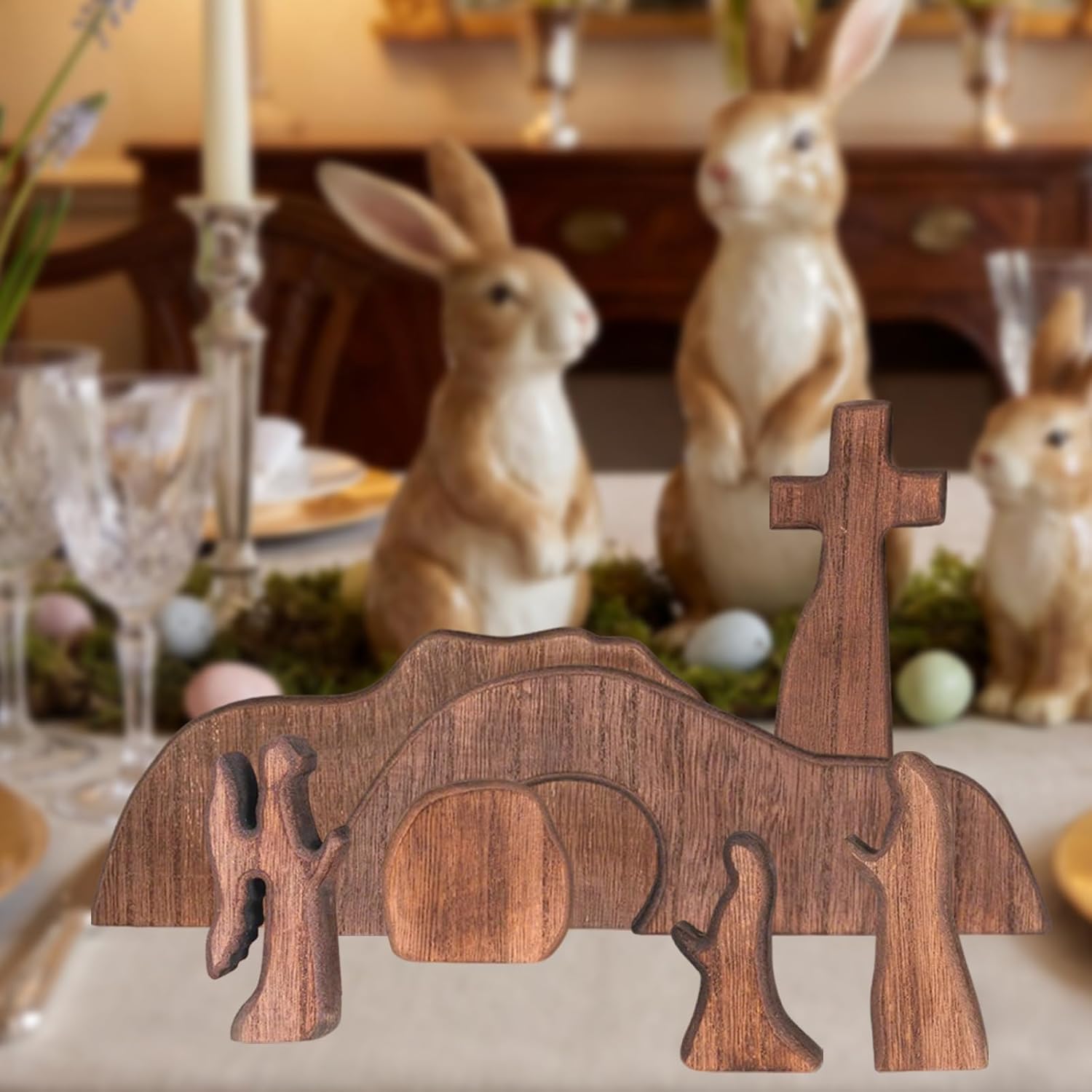 Empty Tomb Easter Scene Decorations - Wooden Resurrection Scene Cross Jesus Tomb Tray Set - Religious Christian Jesus Nativity Decor for Home Table Office