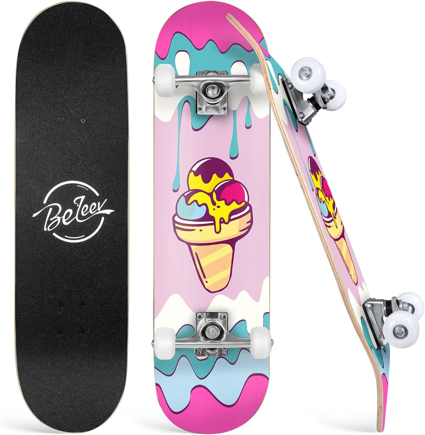 BELEEV Skateboards for Beginners, 31 x 8 inch Complete Skateboard for Kids Teens Adults, 7 Layer Canadian Maple Double Kick Deck Concave Cruiser Trick Skateboard with Multifunction Skate T-Tool