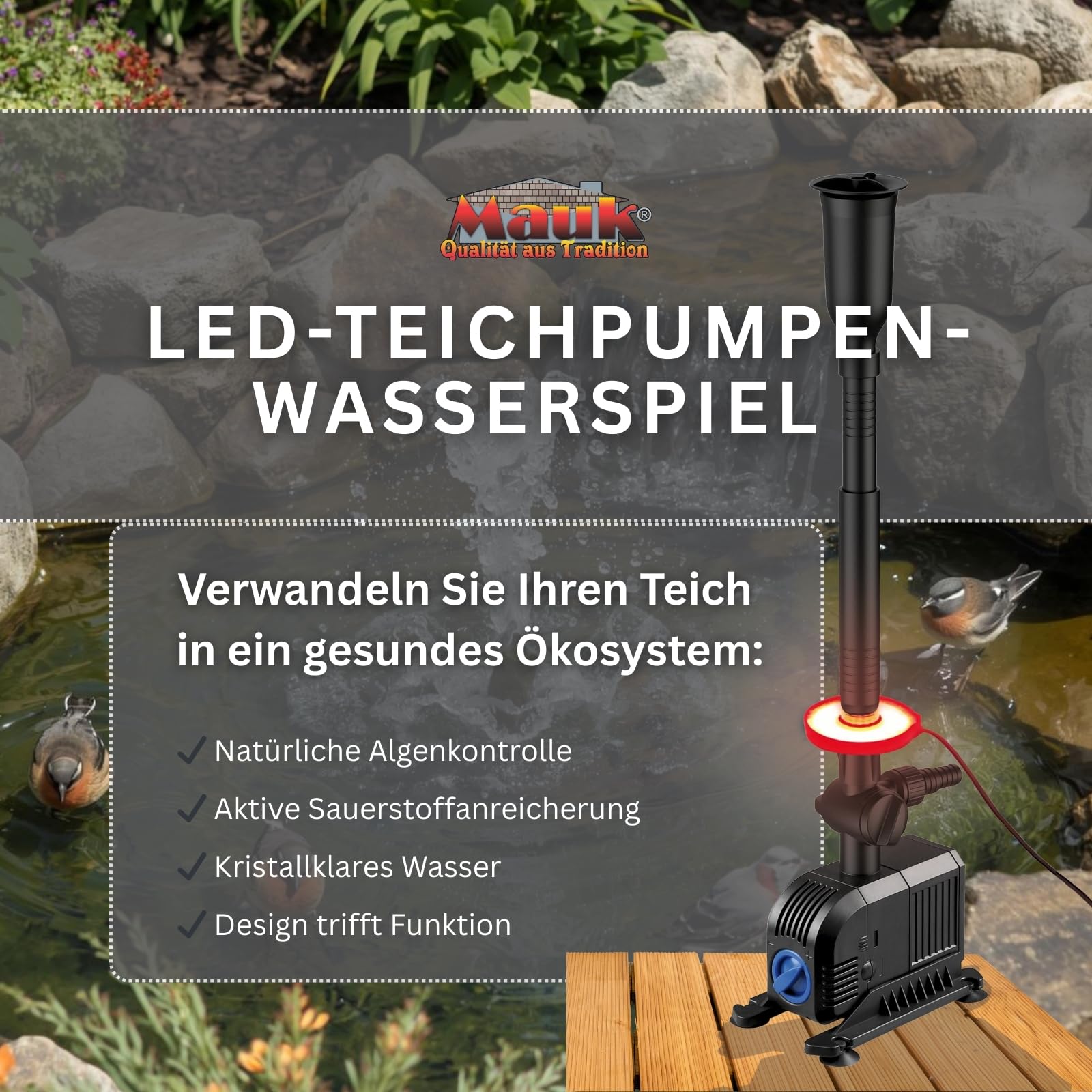 MAUK® LED Springbrunnen | Teichpumpen Set 25W mit Farbwechsel-Ring | 1500 L/h Wasserspiel für Garten & Teich – 1,80m Fontäne, 3 Düsenaufsätze, 360° Rotation & 25° verstellbar, Schutzart IPX8