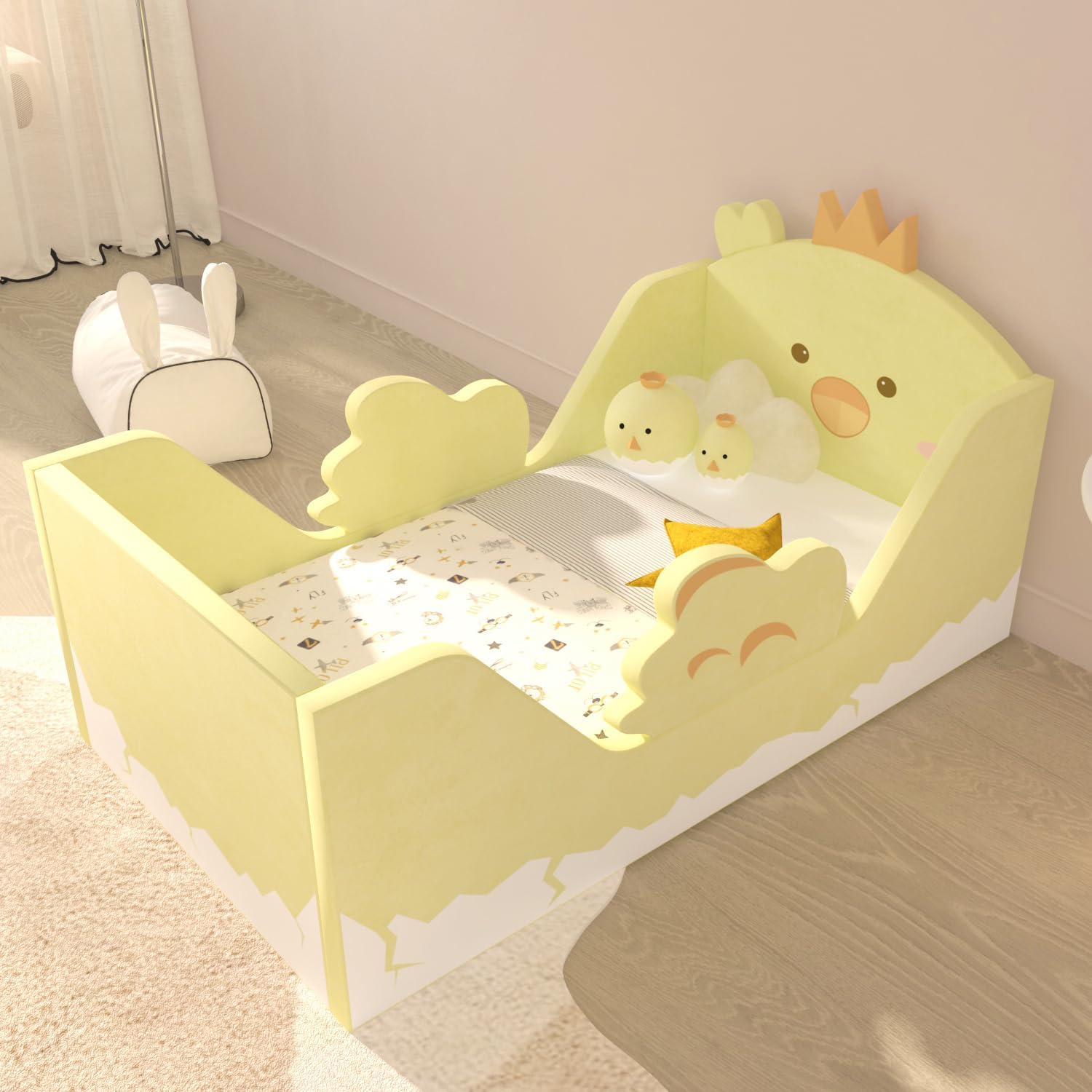 weeonekids Toddler Beds, Child Bed for Kids with Extra Safty Broad, Standard Crib Size Animal Toddler Bed, Certified Fabric Toddler Beds,Toddler Floor Beds (Chick)