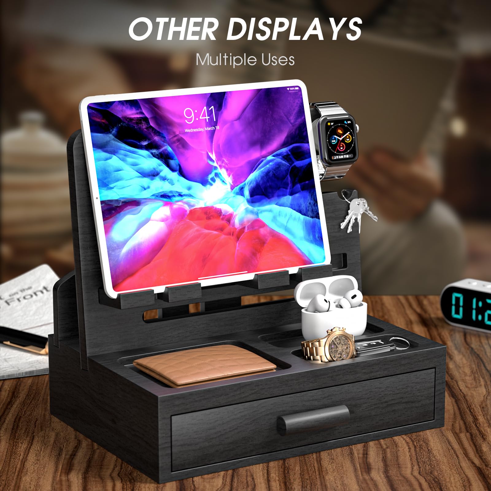 Sephyroth Docking station per telefono in legno con cassetto, organizer multifunzionale per telefoni, tablet e accessori, per uomini, padri, fidanzati (nero)