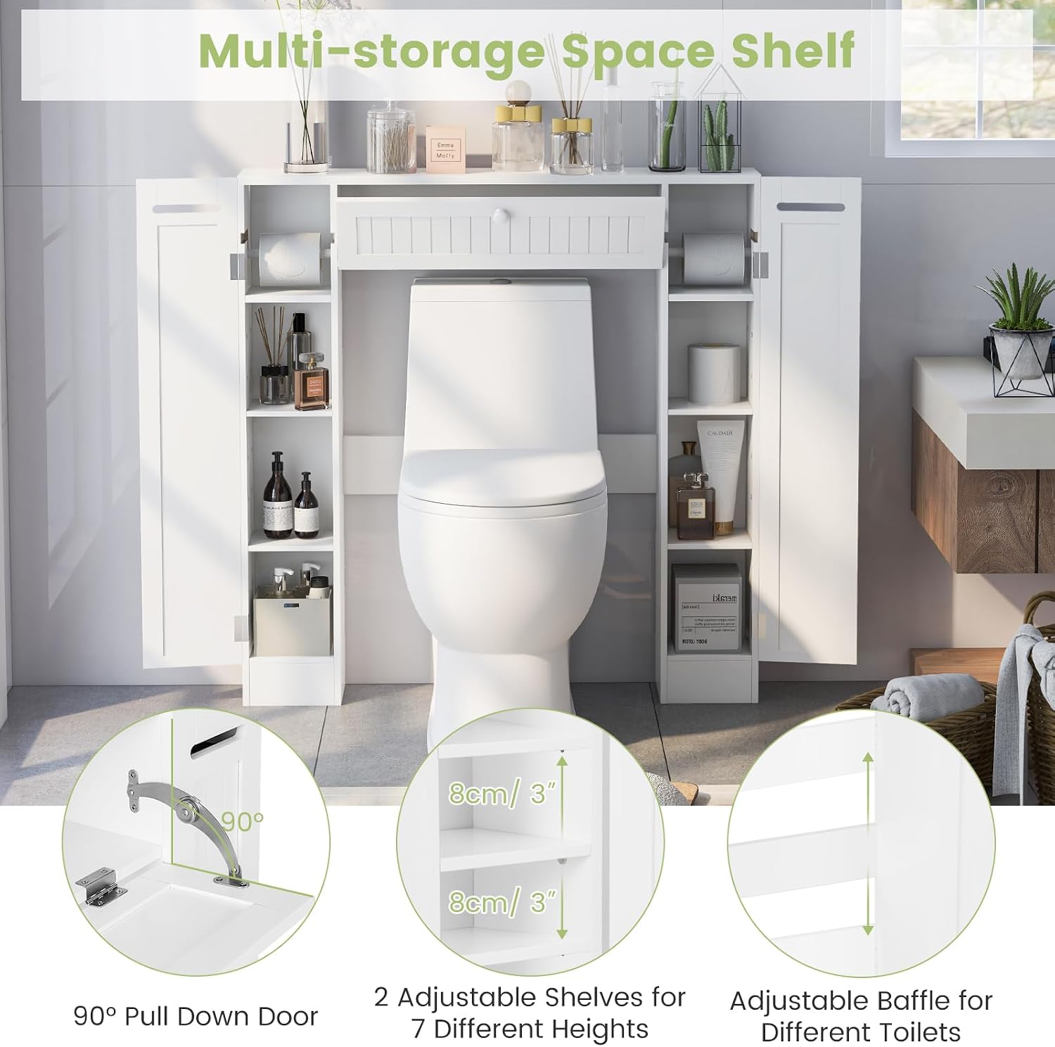 Giantex Short Over The Toilet Storage Cabinet, Bathroom Organizer w/Paper Holder, Adjustable Shelves & Bottom Bar, Freestanding Space Saver Above Toilet Storage for Restroom, Laundry Room