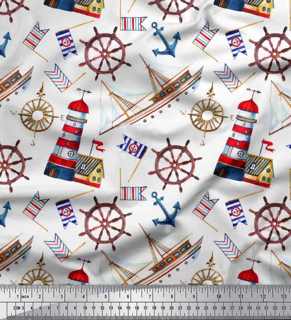 Soimoi Japan Crepe Red Fabric - by The Yard - 42 Inch Wide - Ship, Wheel & Anchor Hook Nautical Cloth - Seafaring Trio for Fashion and Decor Printed Fabric