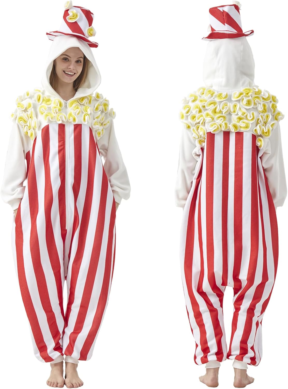 Adult Popcorn Onesie Pajamas Cosplay Corn Costume Halloween Candy Corn One-Piece Jumpsuit for Women Men