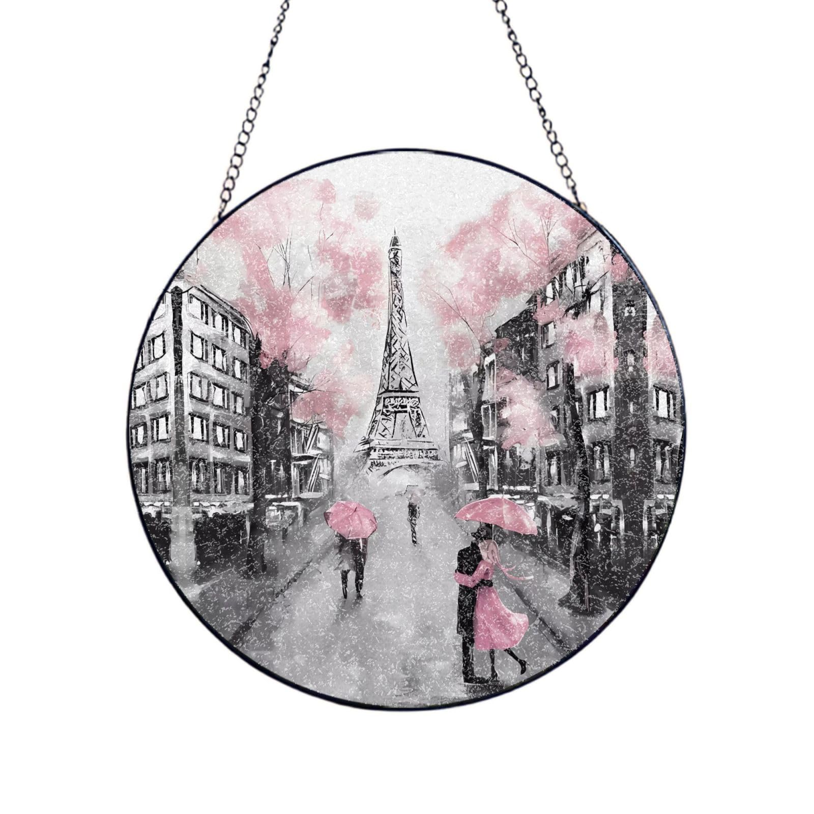 Phayah Paris Street Eiffel Tower Pink Floral Print Glass Window Hanging Sun Catchers Suncatcher Decor For Birthday For Home Garden Porch 10in（25cm）