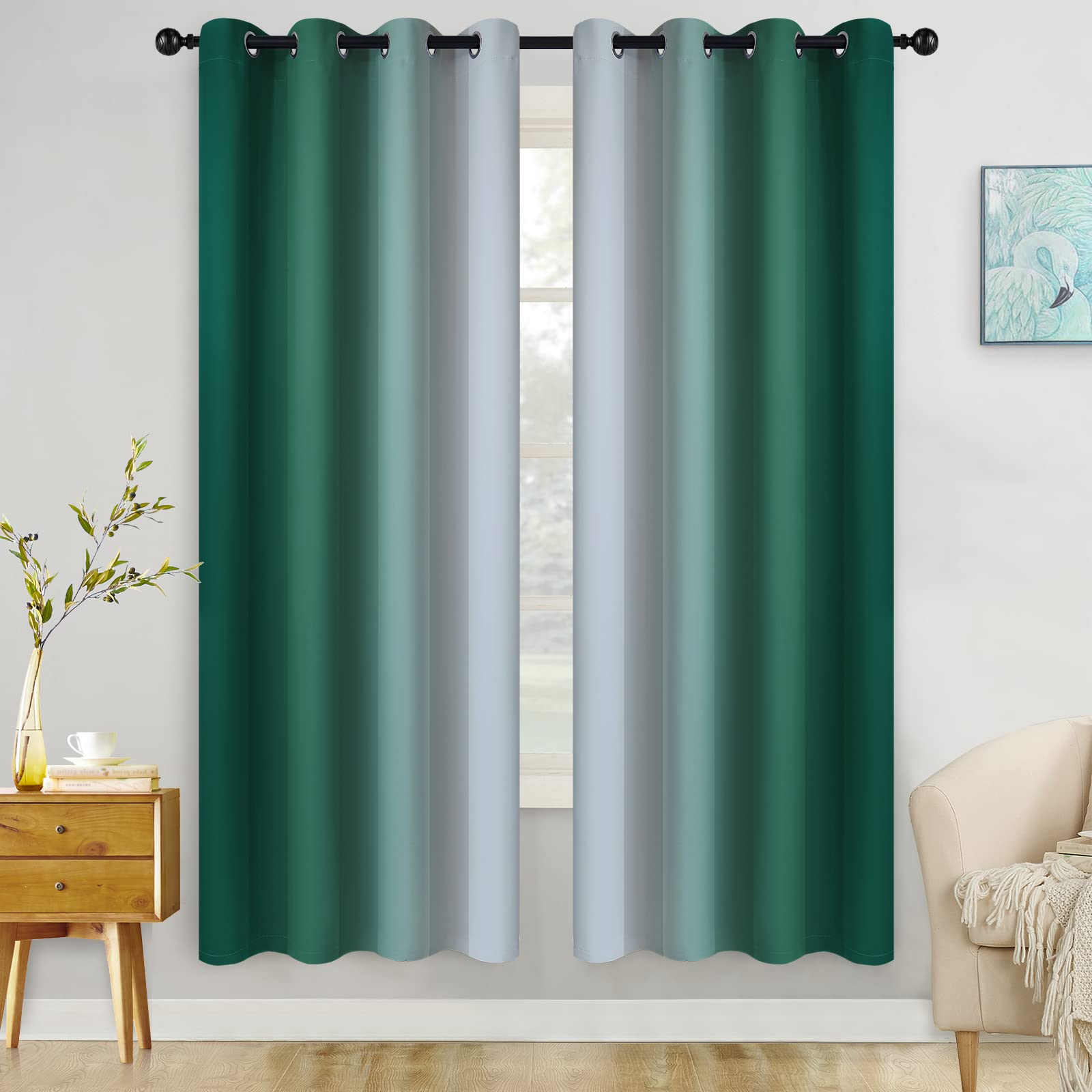 COSVIYA Blackout Curtains & Drapes Ombre Green Curtains 72 inch Length 2 Panels, Room Darkening Light Blocking Grommet Gradient Insulated Thermal Window Curtains for Bedroom/Living Room,52x72 inches — image 1