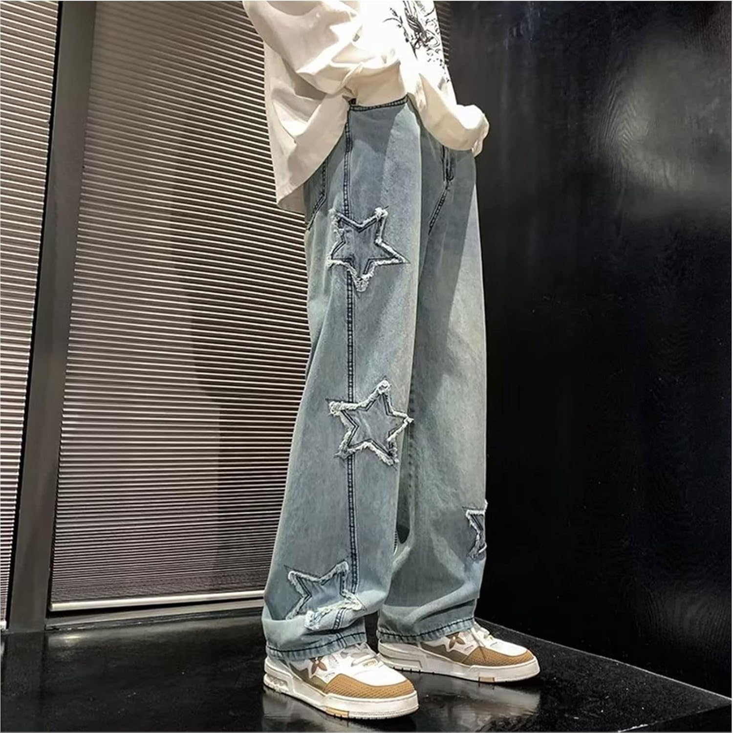 Y2k Baggy Jeans for Men,Hip Hop Grunge Demin Pants Wide Leg Loose Joggers Star Graphic Jeans - Image 4