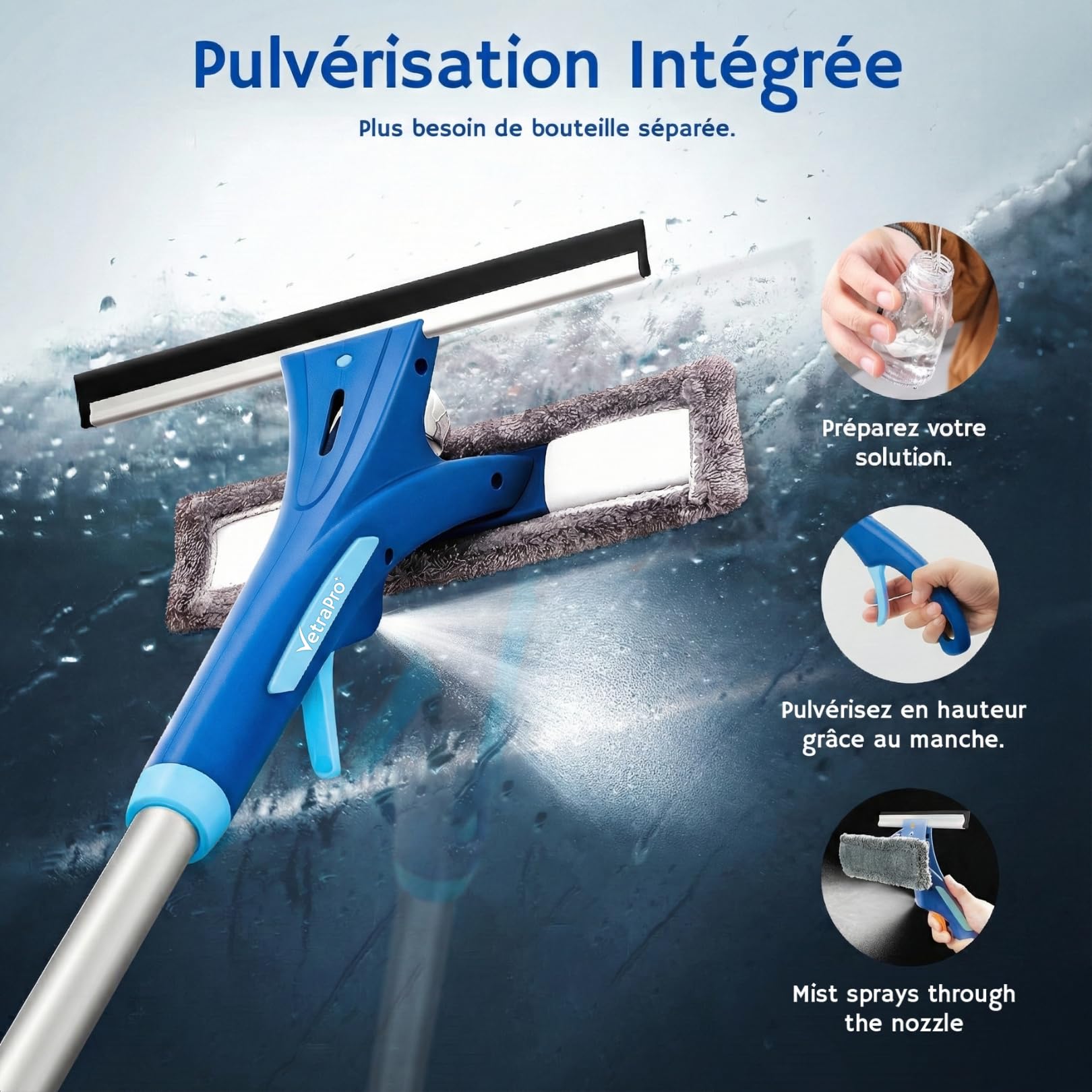 Raclette Vitre Professionnelle – Lave Vitre 4 en 1 avec Manche Télescopique 25 à 225 cm et Pulvérisateur pour Nettoyant Vitre – Nettoyeur Vitre pour Un Nettoyage Impeccable - Kit Polyvalent