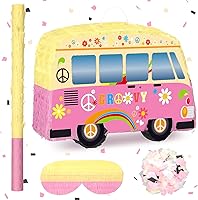 Vista 1 de Groovy Bus Pinatas para fiesta de cumpleaños, piñata de autobús hippie con murciélago con palo de ojos vendados, confeti arco iris, retro, boho