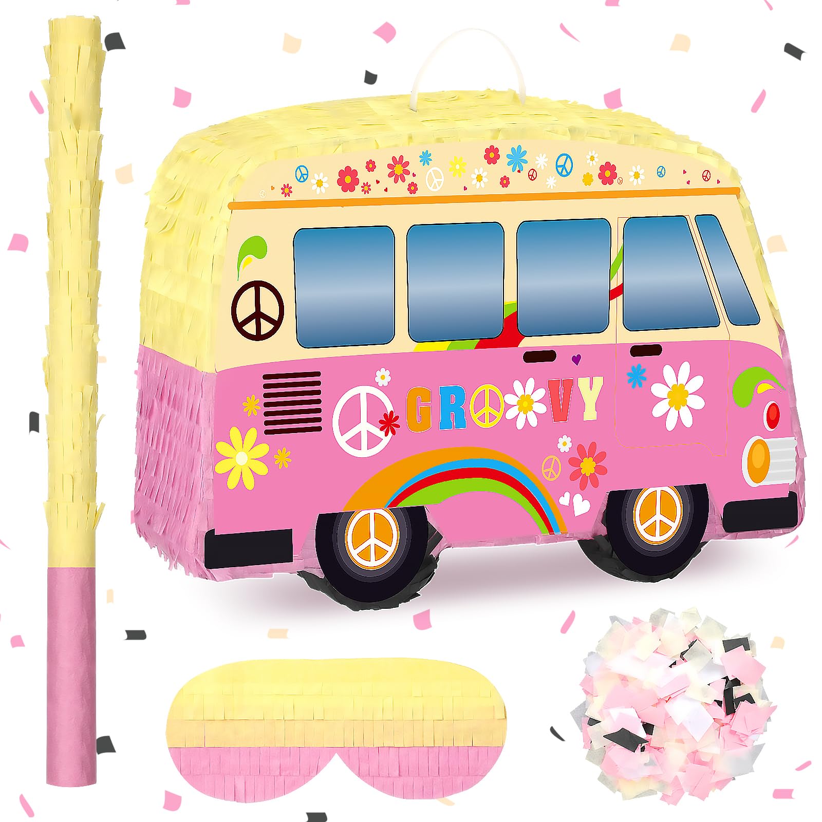 Groovy Bus Pinatas for Birthday Party Girls Boys Hippie Bus Pinata with Bat Blindfold Stick Confetti Boho Groovy Pinatas Gifts for Kids Birthday Baby Shower Bus Theme Party Favors 15.8x9.8x3.2 Inches