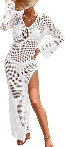 Womens Crochet Maxi Cover Up Dress Beach Swim Vacation Coverups Long Sleeve 2026