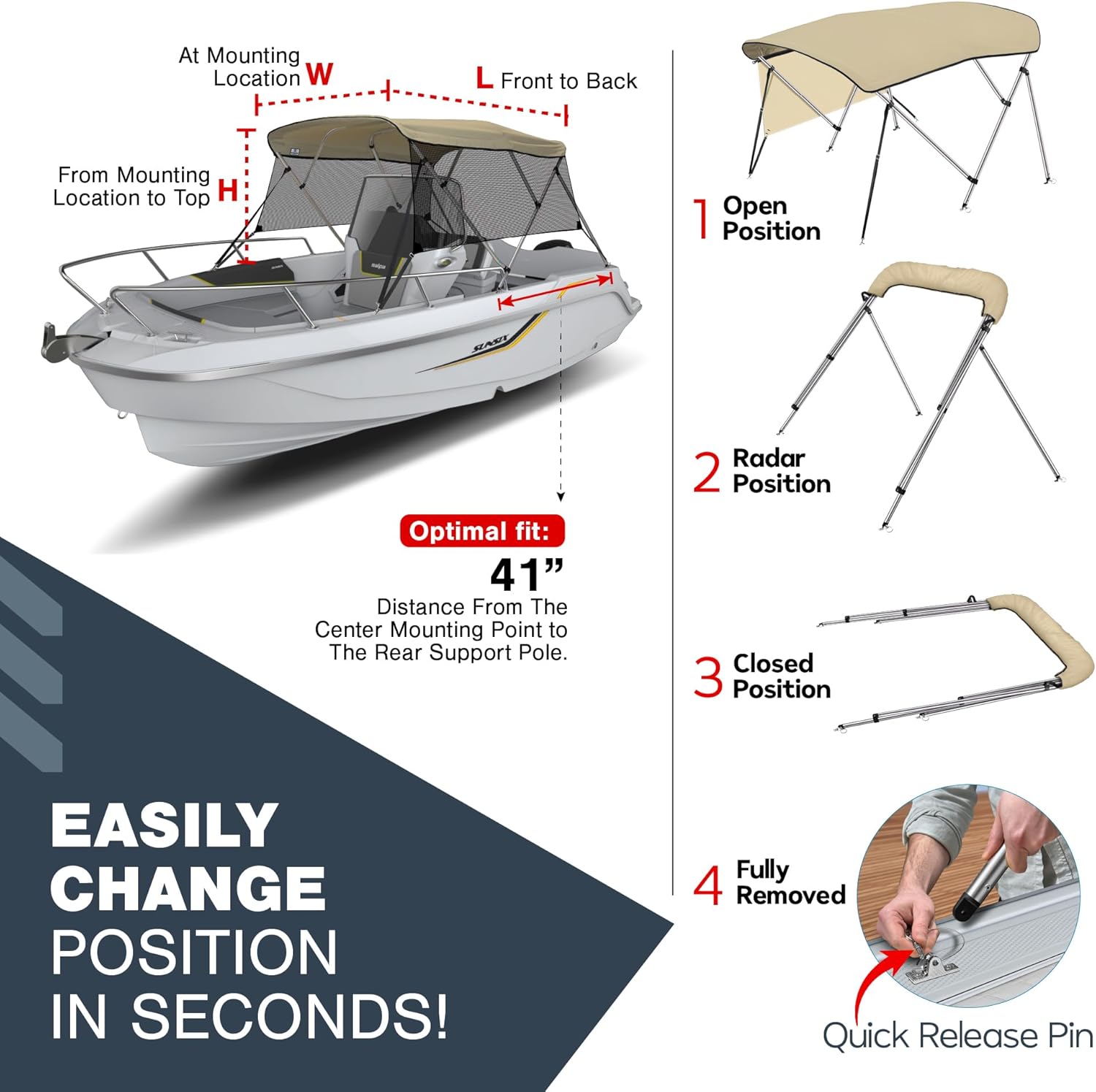 Universal 4 Bow Bimini Tops for Boats with Detachable Mesh Sidewalls, 900D Marine Canvas, Sun Shade Boat Canopy Kit, Bimini Top Hardware, Frame, Support Poles, Storage Boot, 61-66" W, Sand