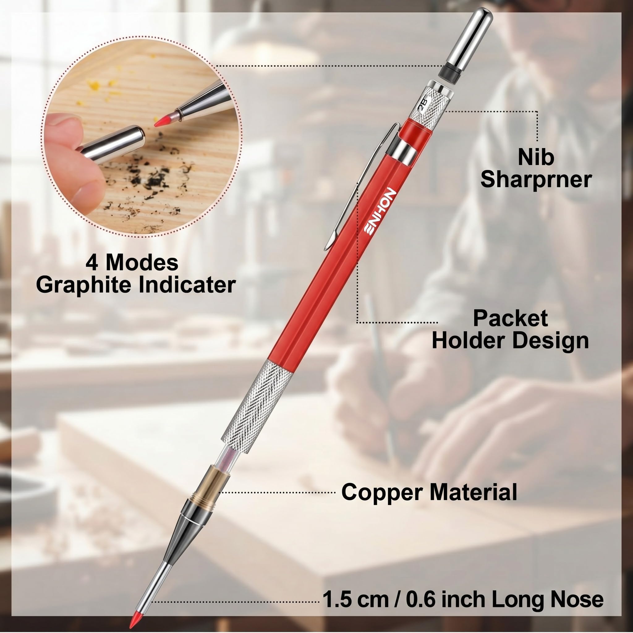 Enhon 2mm Carpenter Pencil Set with 12 Refills and Sharpener, Red — Amazon image 3