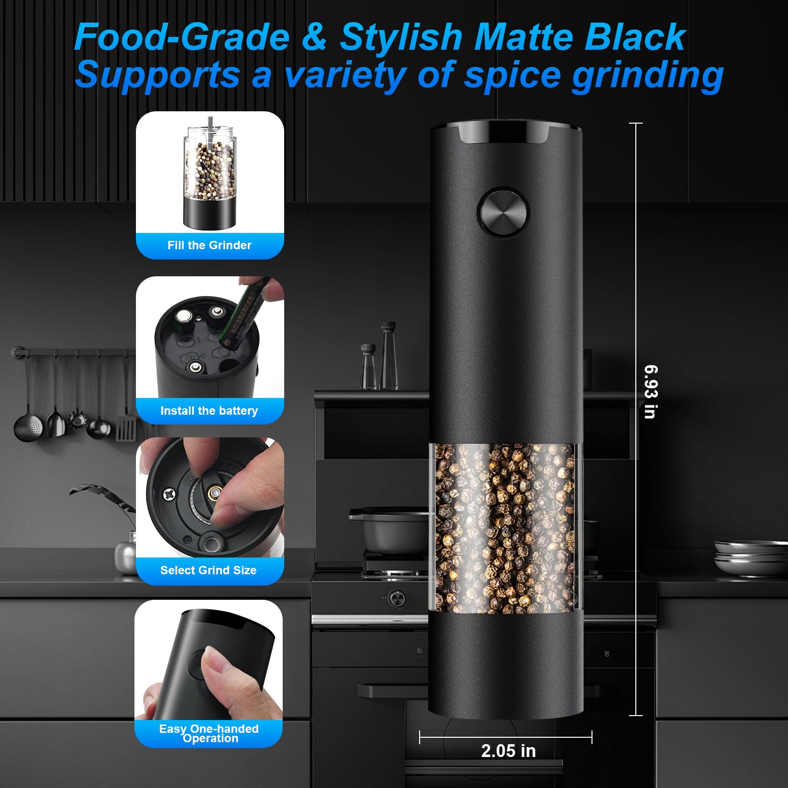 Electric Salt & Pepper Grinder Set - Adjustable Coarseness With LED Light, One-Hand Automatic Operation, Rechargeable Kitchen Essential (Black, 1 Pack)