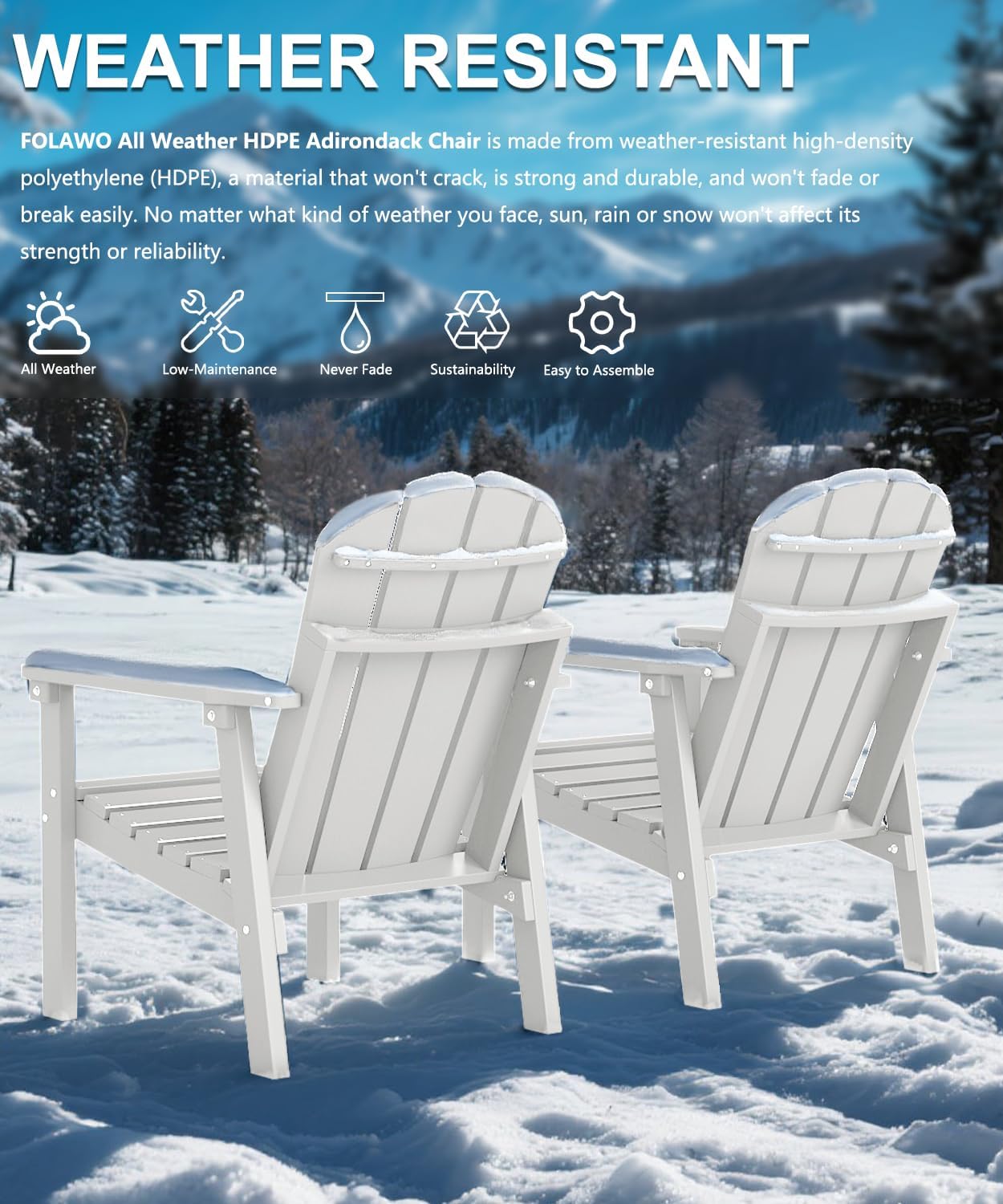 Adirondack Chair Set of 2, All Weather HDPE Fire Pit Chairs, Oversized Plastic Adirondack Chair for Outdoor, Balcony, Deck, Backyard, Patio, Garden, Poolside, Lawn White