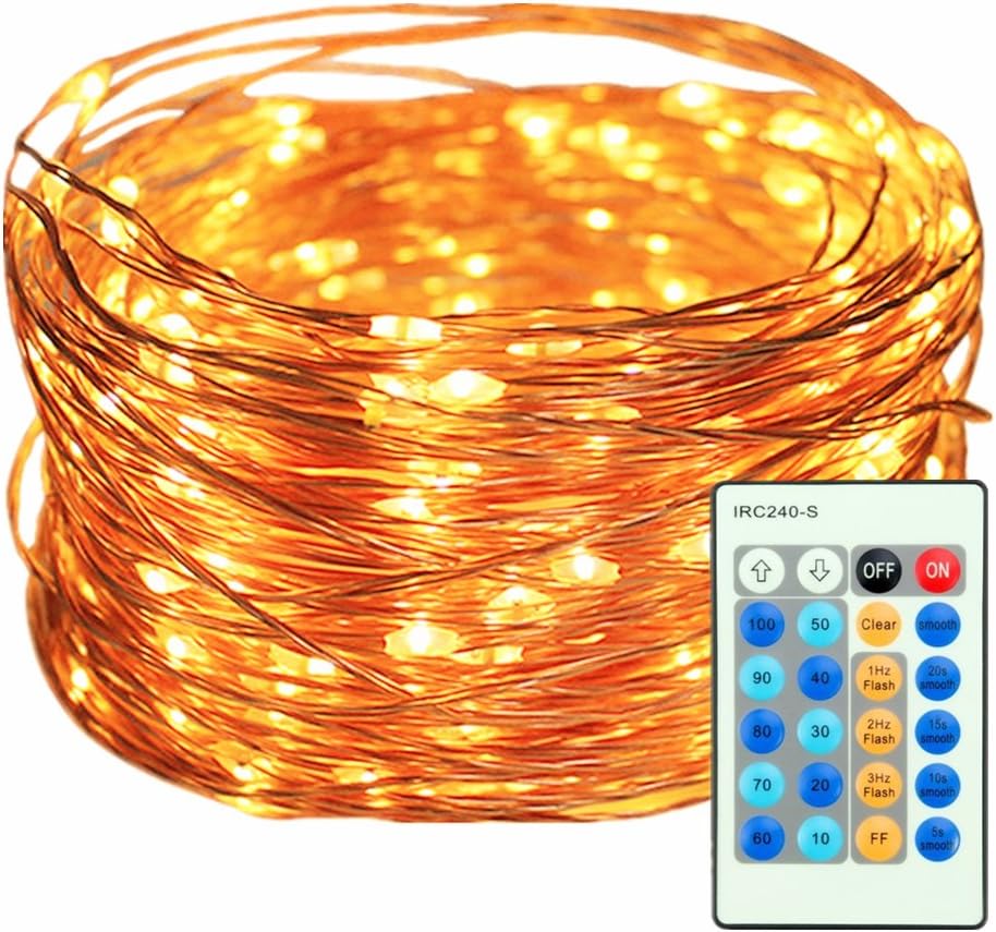 HaMi 33ft 100 LED Christmas Lights with Remote Control,Copper Wire Starry String Lights with UL Certified for Decorative Holiday Patio Garden - Warm White