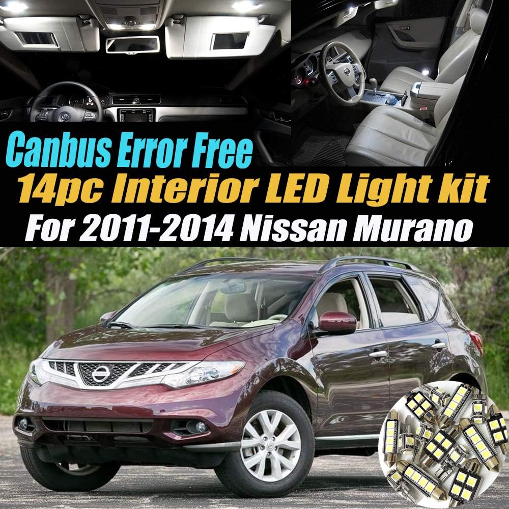 14Pc Canbus Error Free Super White 6000K Car Interior LED Light Kit Compatible for 2011-2014 Nissan Murano Equipped w/Advanced Computer system