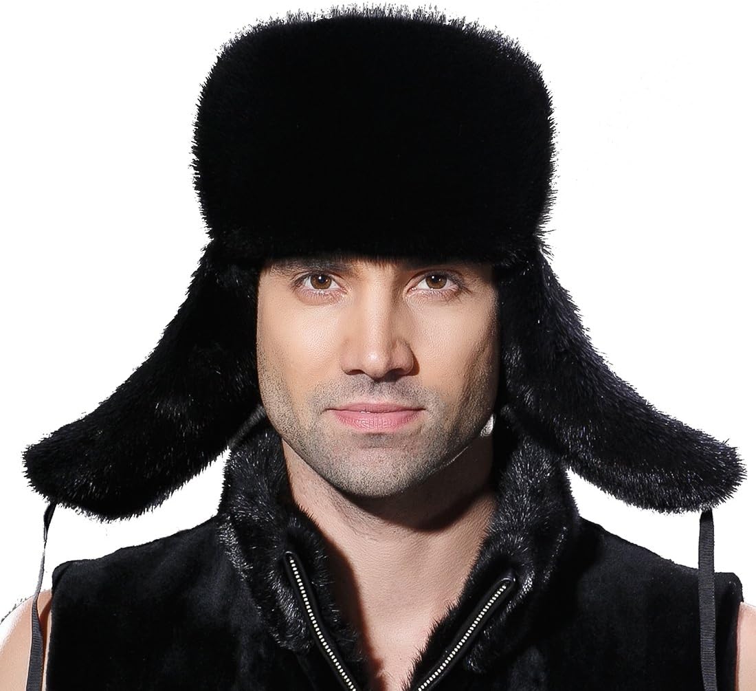 URSFUR Mens Russian Ushanka Hat Leather Winter Real Mink Trapper Cap