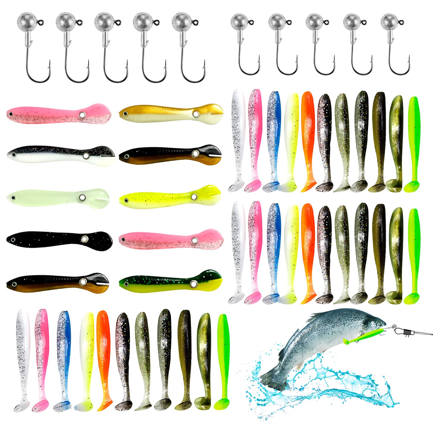 53 Piezas Carpfishing Accesorios 43 Piezas Vinilos Pesca 2 Tamaños de Anzuelos de Pesca 10 Piezas Cabezas Plomadas Set de Señuelos Bionic Bait Accesorios de Pesca para Peces de Agua Dulce y Salada