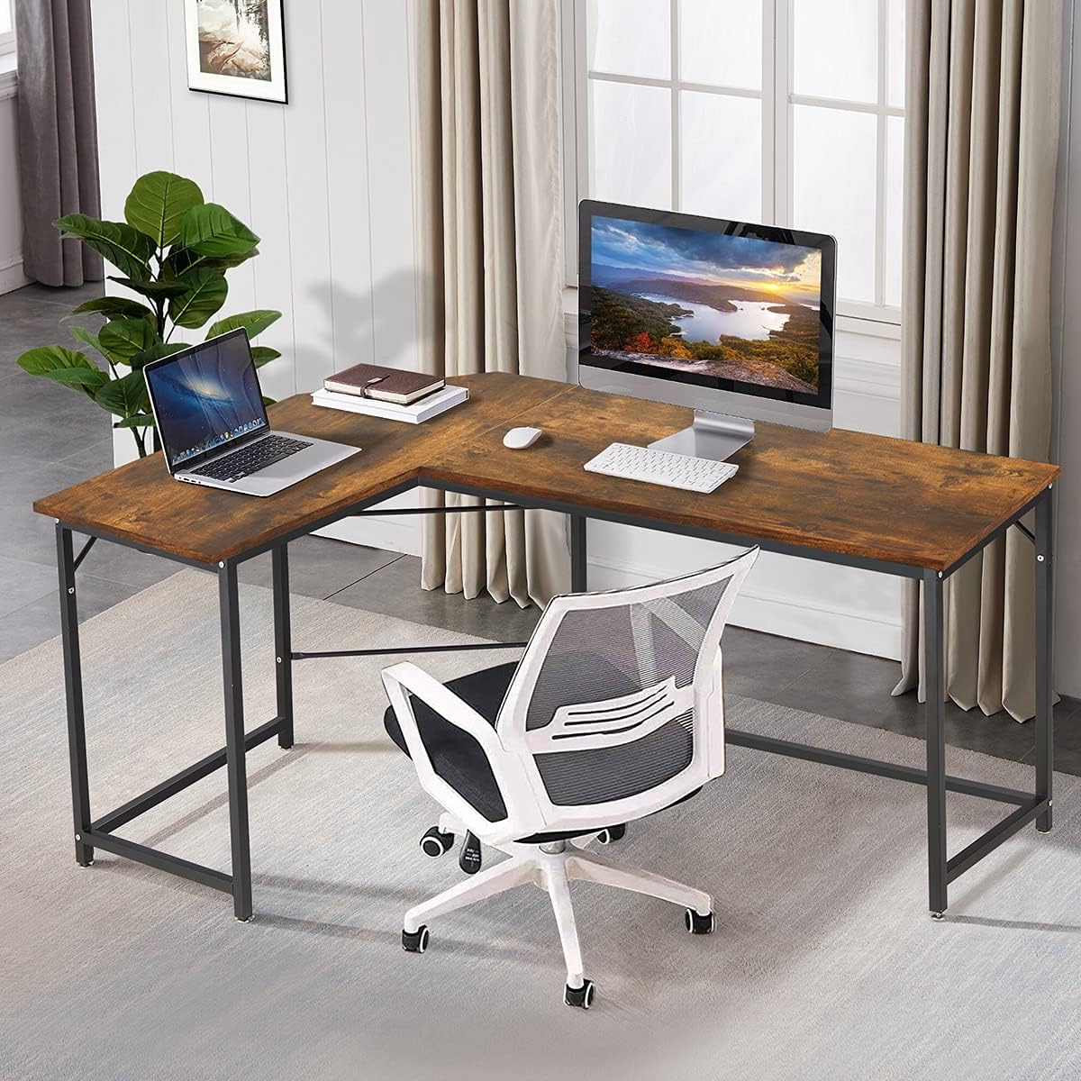 MELLCOM Industrial Computer Writing Desk, Large Writing Desk for Home Office, Computer Desk with 2 Adjustable Storage Shelves on Left or Right Side and 2 Headset Hooks