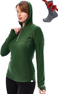 100% Merino Wool Hoodie Women - Slim Fit Quarter Zip Thermal Base Layer (XX-Large, 190 Olive)