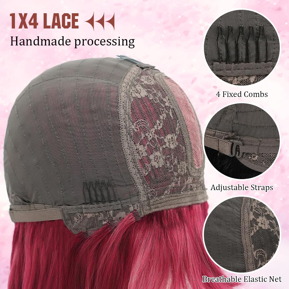 Bob Wig with Bangs Human Hair 210 Density Short Glueless Wigs Ready to Go Straight Bob Bangs Wig for Women Burgundy 10 Inches