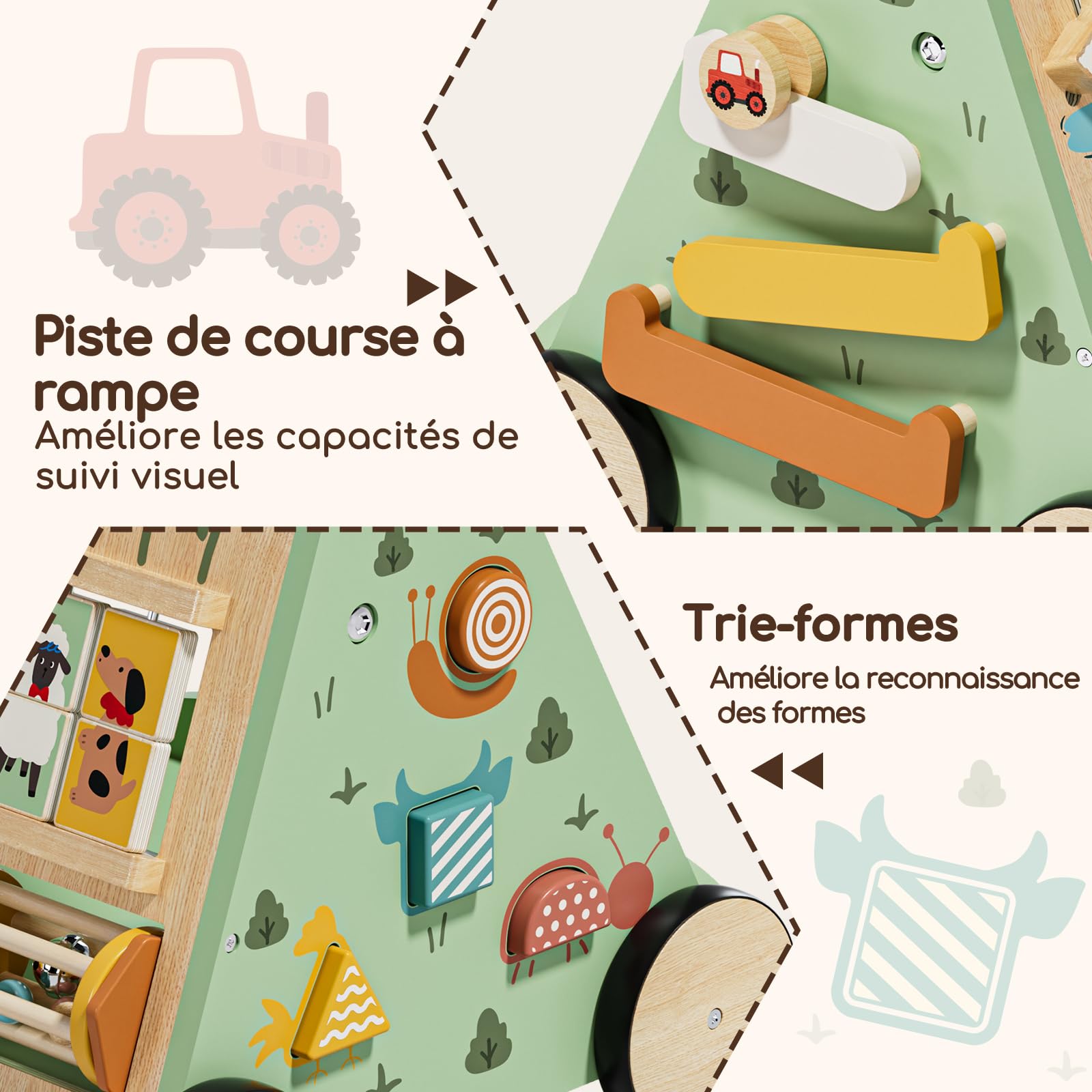 Chariot de Marche en Bois, Trotteur Bebe, Réglable Baby Walker Garçon Fille avec Centre d’Activités, Jouet Montessori Enfant 12 Mois+