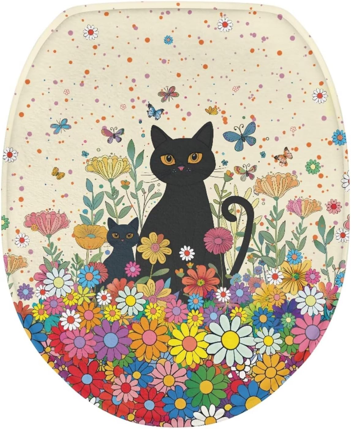 Toilet Lid Cover Soft Absorbent Flannel Fabric Stays in Place with Elastic Straps Non-Slip Back Bathroom Home Accessories 17.3" x 13", Black Cat Daisy Floral Cream White