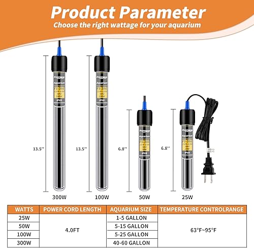 Miniatura 2 de FREESEA Calentador de pecera de acuario calentador sumergible de 100 W, termostato ajustable para Betta de 15 a 25 galones, tortuga