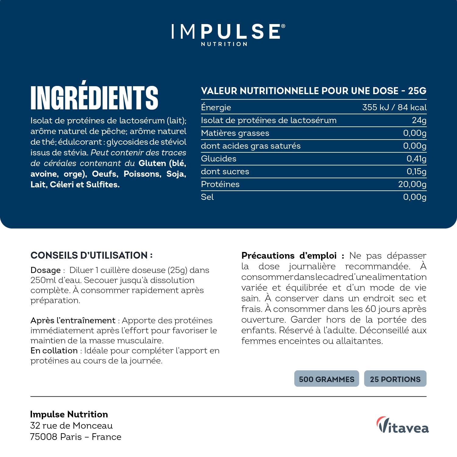 Impulse Nutrition - Clear Whey Isolate Pêche - 20g Protéines/Portion - 500g | Récupération Musculaire - Digestion Légère - 80g Protéines/100g - Arôme Pêche Naturel - Fabriqué en France.
