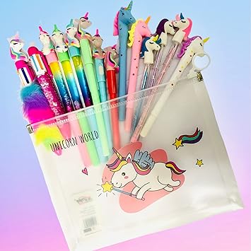 Urban Festivities 11x Unicorn Pen & 3 x Unicorn pencil 1 x unicorn pencil box pouch | unicorn stationary | Unicorn Combo Set for Girls Kids (Design & Colors As Per Stock