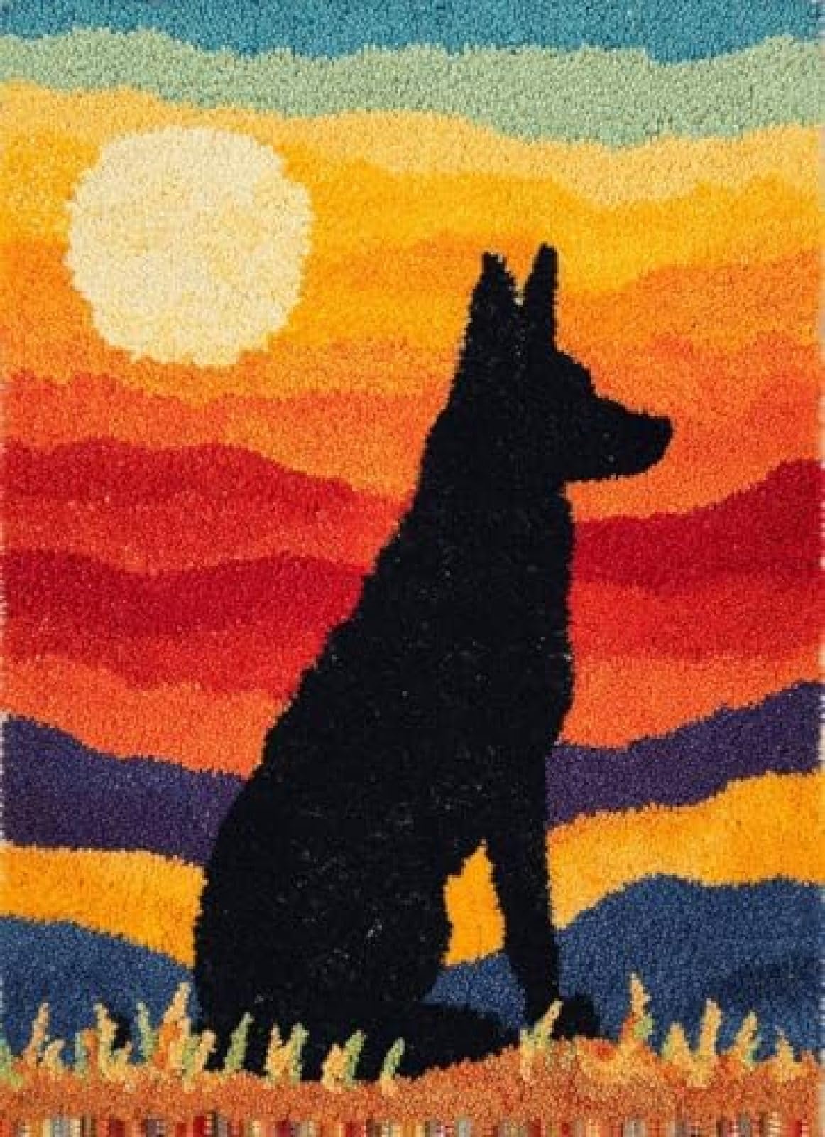 XDEGHUANGSS Latch Hook Rug Kit German Shepherd Dog Sit Under Sunset Cushion Cover DIY Craft Set Pre-Printed Mat 38x52cm for Home Decor