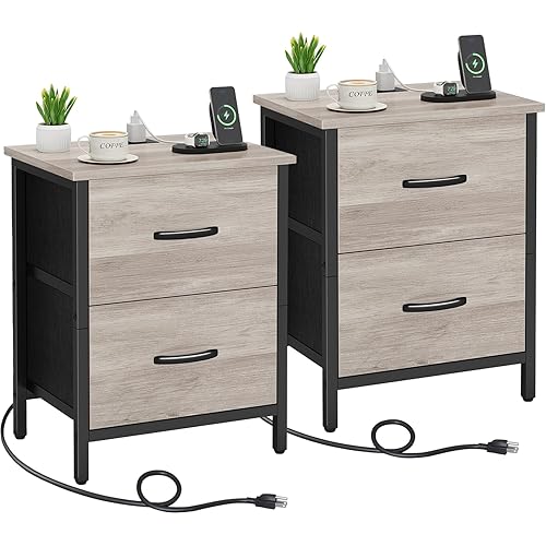 Vagusicc Nightstand Set of 2 with Charging Station, End Table Bedside Table with Power Outlet & USB Ports, Side Table with 2 Fabric Drawers for Bedroom, Living Room, Greige