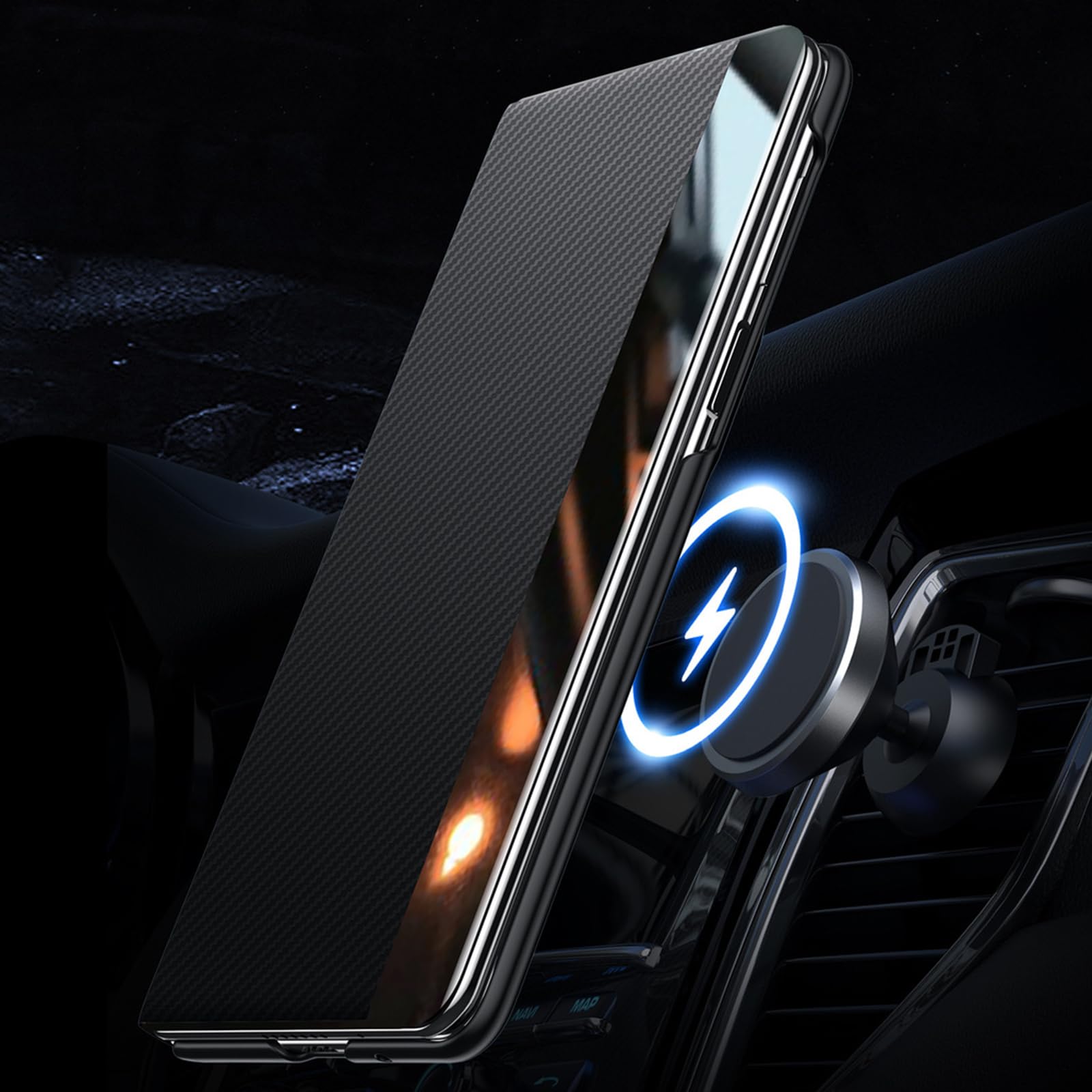 Etui z klapką do Samsung Galaxy Z Fold 7, smukłe, lekkie, luksusowe etui biznesowe z przegródką na karty, magnetyczne włókno węglowe, skórzane etui (fioletowe)