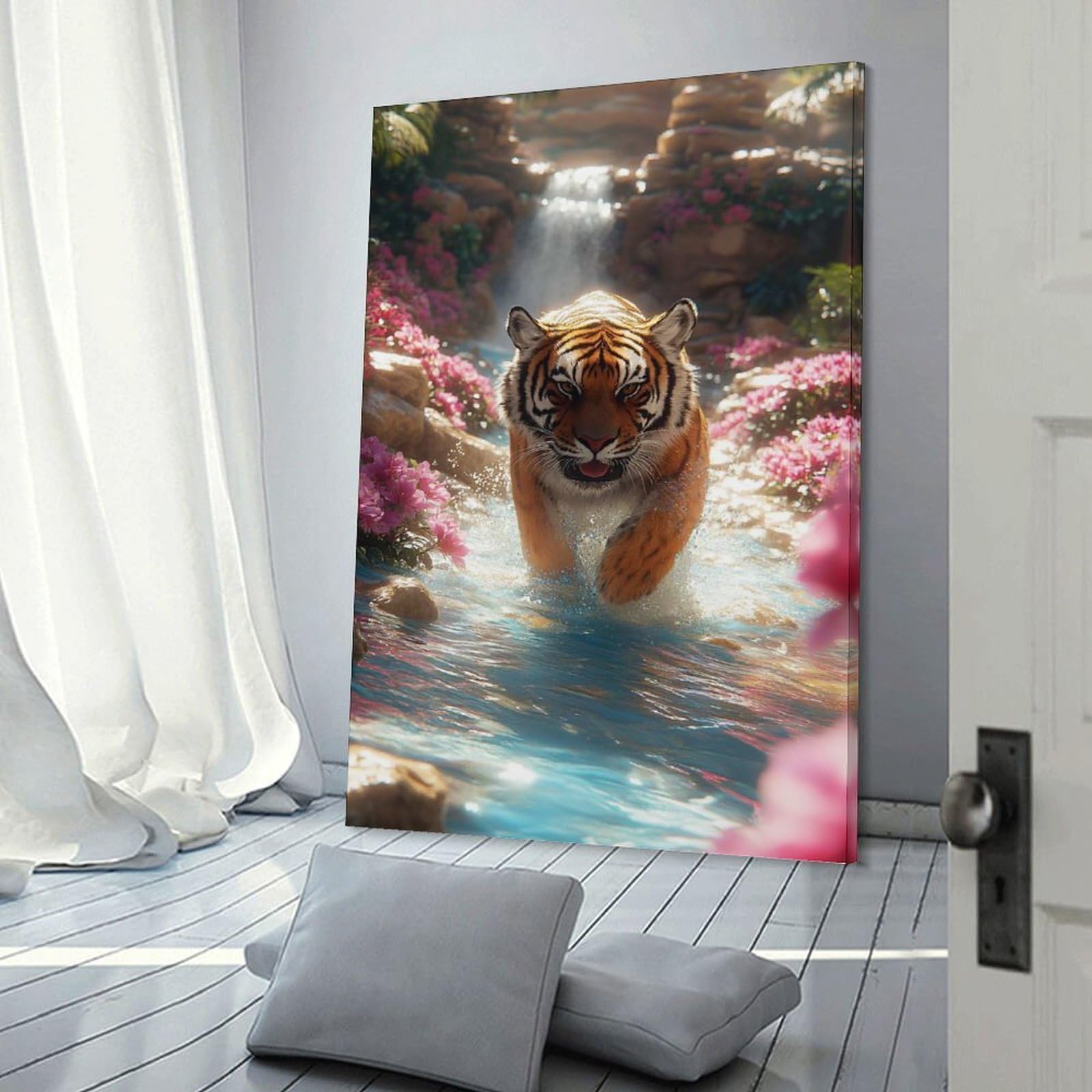 Junmoney Tiger in Waterfall Paradise Home Decor Wall Art 24x36inch(60x90cm), for Office, Study Or Home Workspace, Home Office Artwork with Decorative Appeal