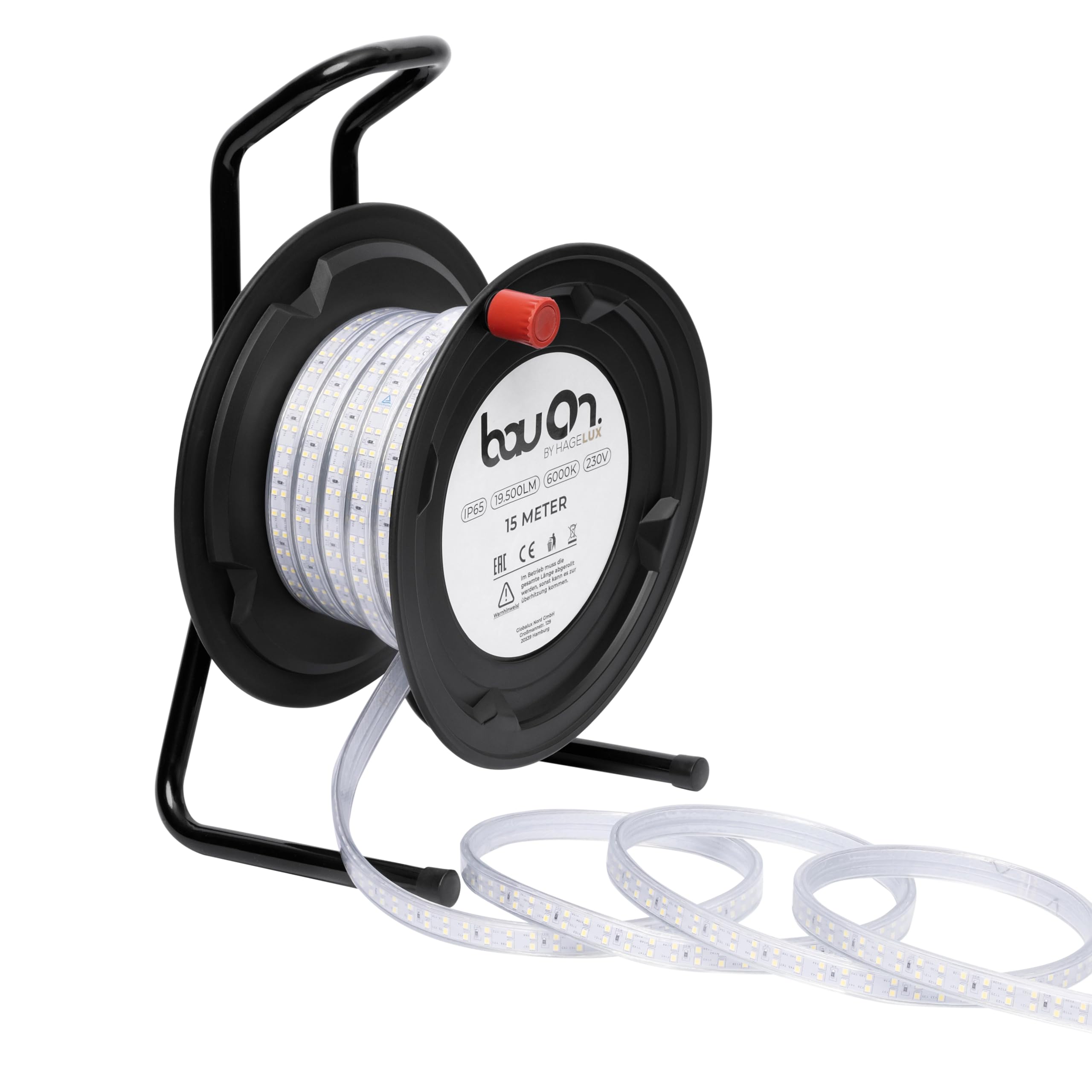 BauOn 15Meter LED Baustellenbeleuchtung LED Trommel, 6000k, 19500lm, IP65, 230V, Innen- & Außenbereich, Lichtschlauch auf Trommel, robuste Arbeitsleuchte für Baustelle & Werkstatt