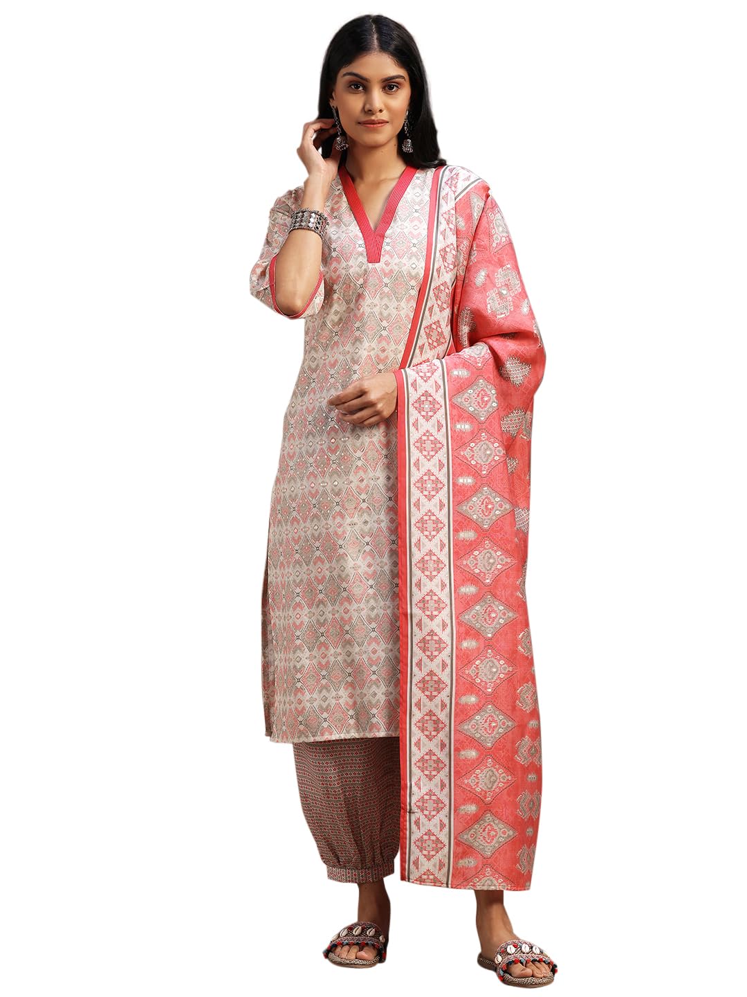 Womens Printed Silk Blend Straight Kurta With Salwar and Dupatta