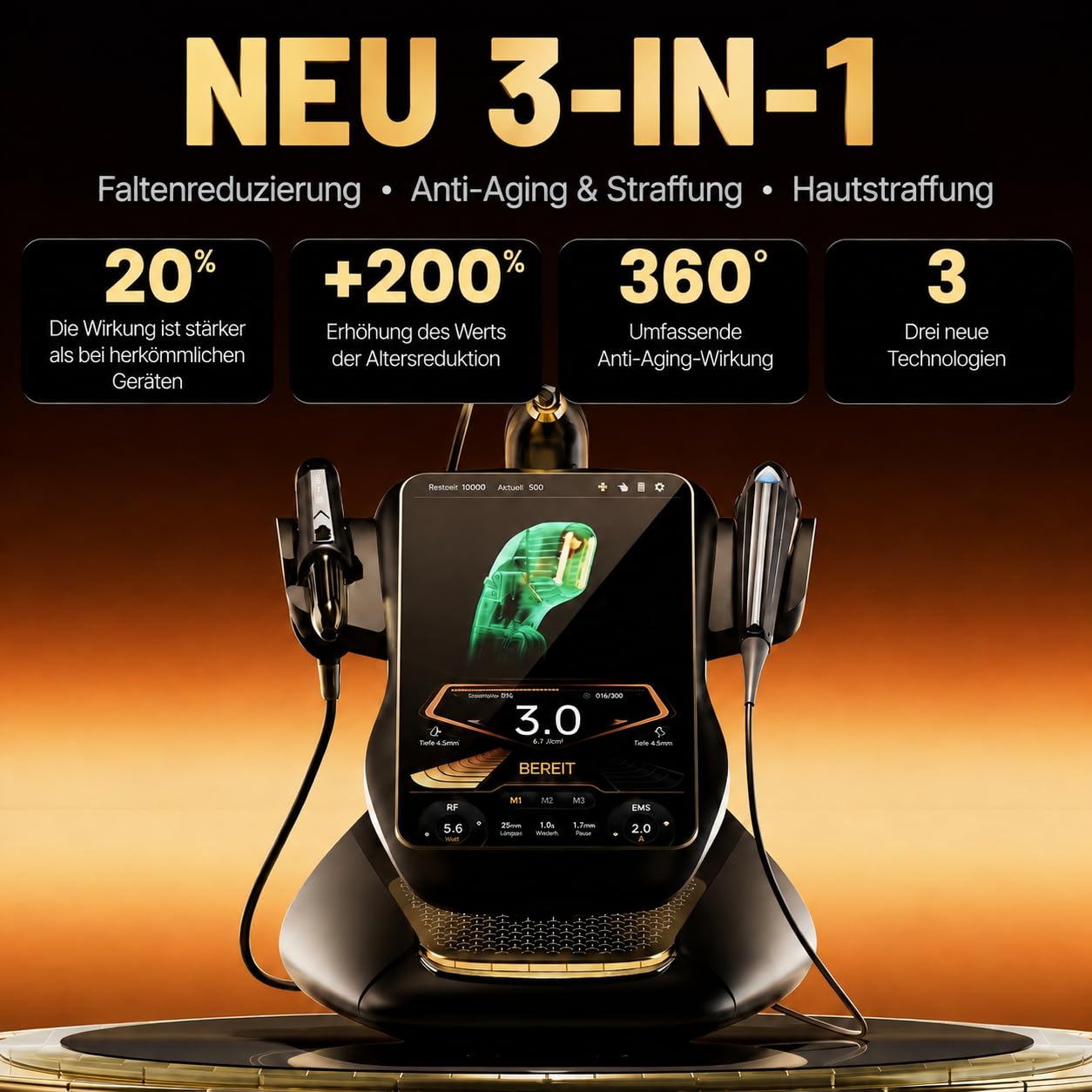 3-in-1 Anti-Aging-Gerät mit RF, EMS und Ultraschall, Faltenentfernung, Hautstraffung und Anti-Schwellungen, 15,1-Zoll-HD-Touchscreen