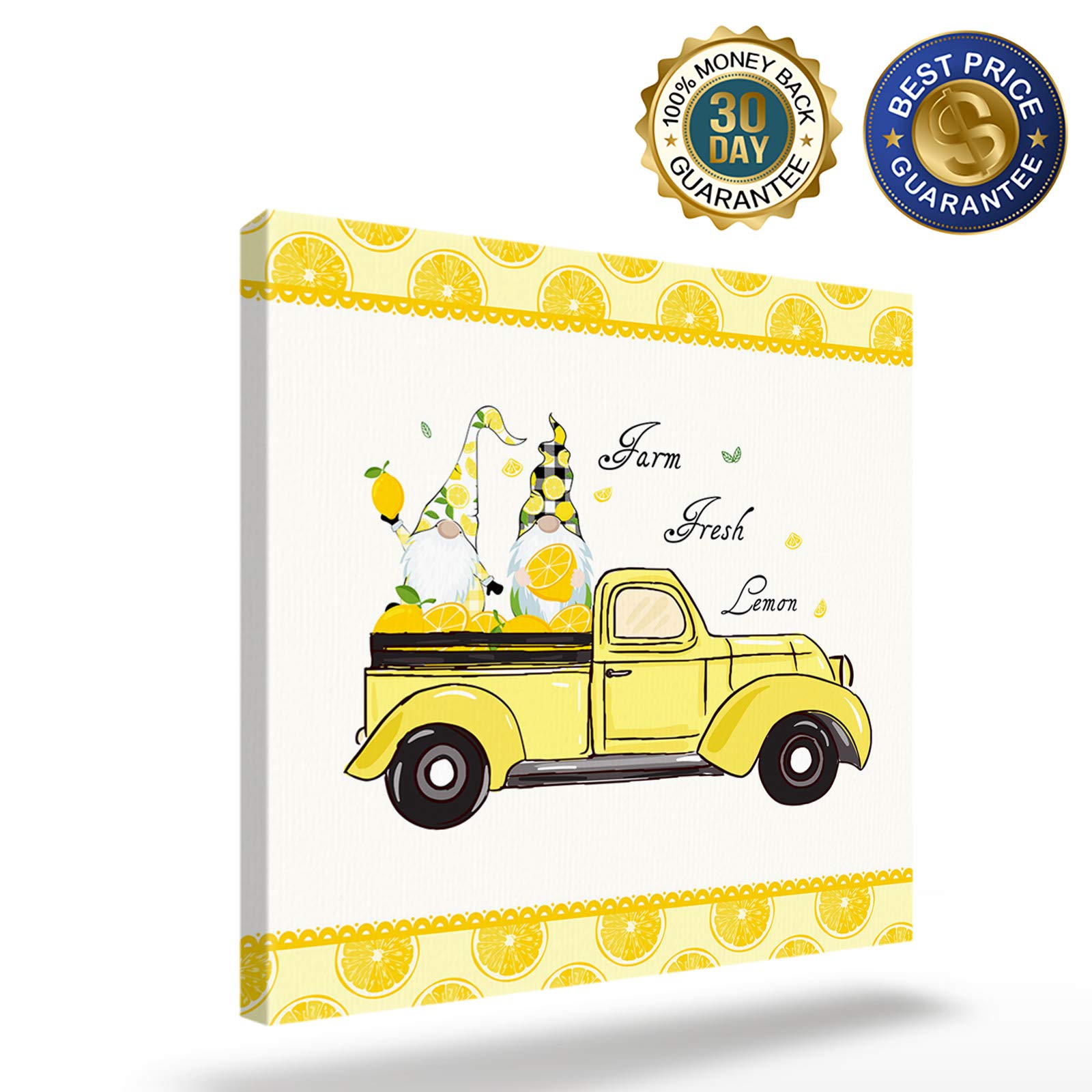 Amazon.com: Lemon Gnome Pictures Print on Canvas, Wooden Framed Wall  Artwork Painting, Hanging Art for Resturant Apartment Hotel Dormitory  Office 20x20 inch, Truck Carrying Lemon and Gnome Yellow Lacework: Posters  & Prints