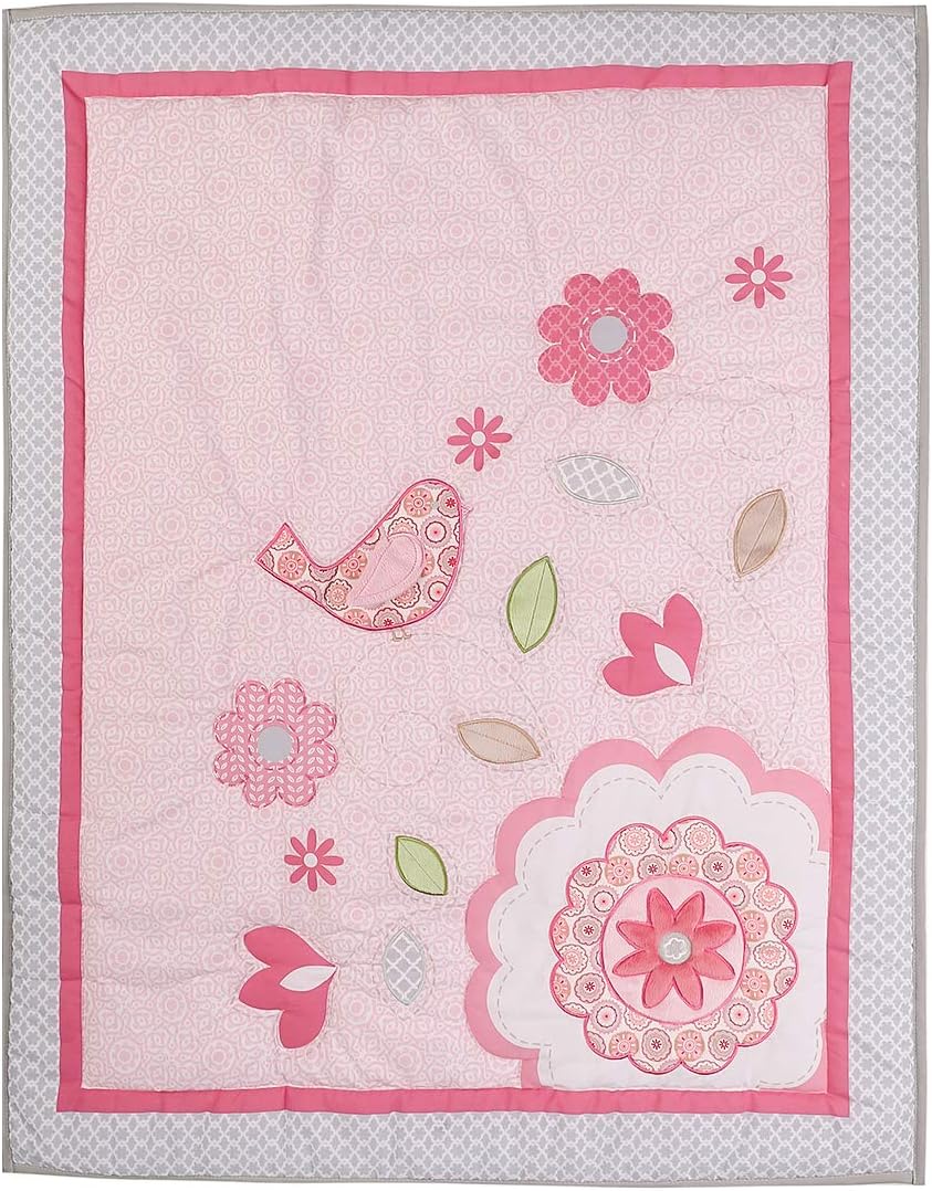 1 PC Pink Floral Embroidery Nursery Crib Quilt 1 PC Flower Birds Quilted Blanket (Pink Bird)