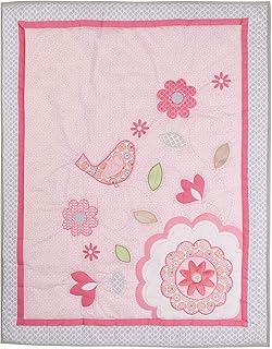 1 PC Pink Floral Embroidery Nursery Crib Quilt 1 PC Flower Birds Quilted Blanket (Pink Bird)