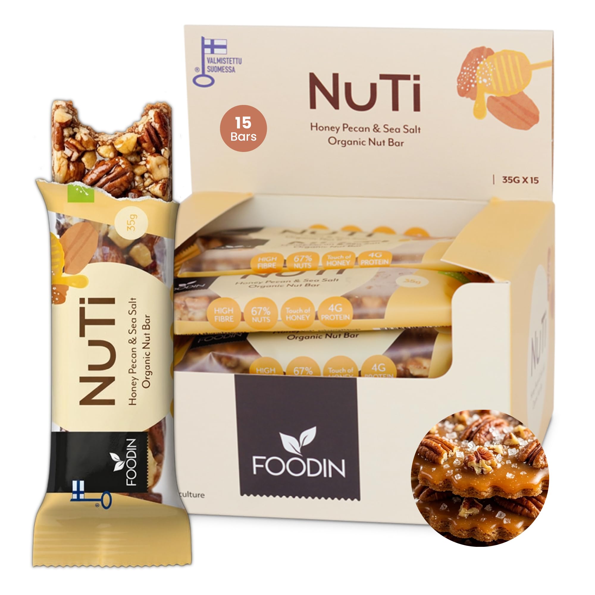 Foodin Nuti Bar Honey, Pecan & Sea Salt 35g x 15 – Wholesome, Crunchy & Irresistibly Delicious