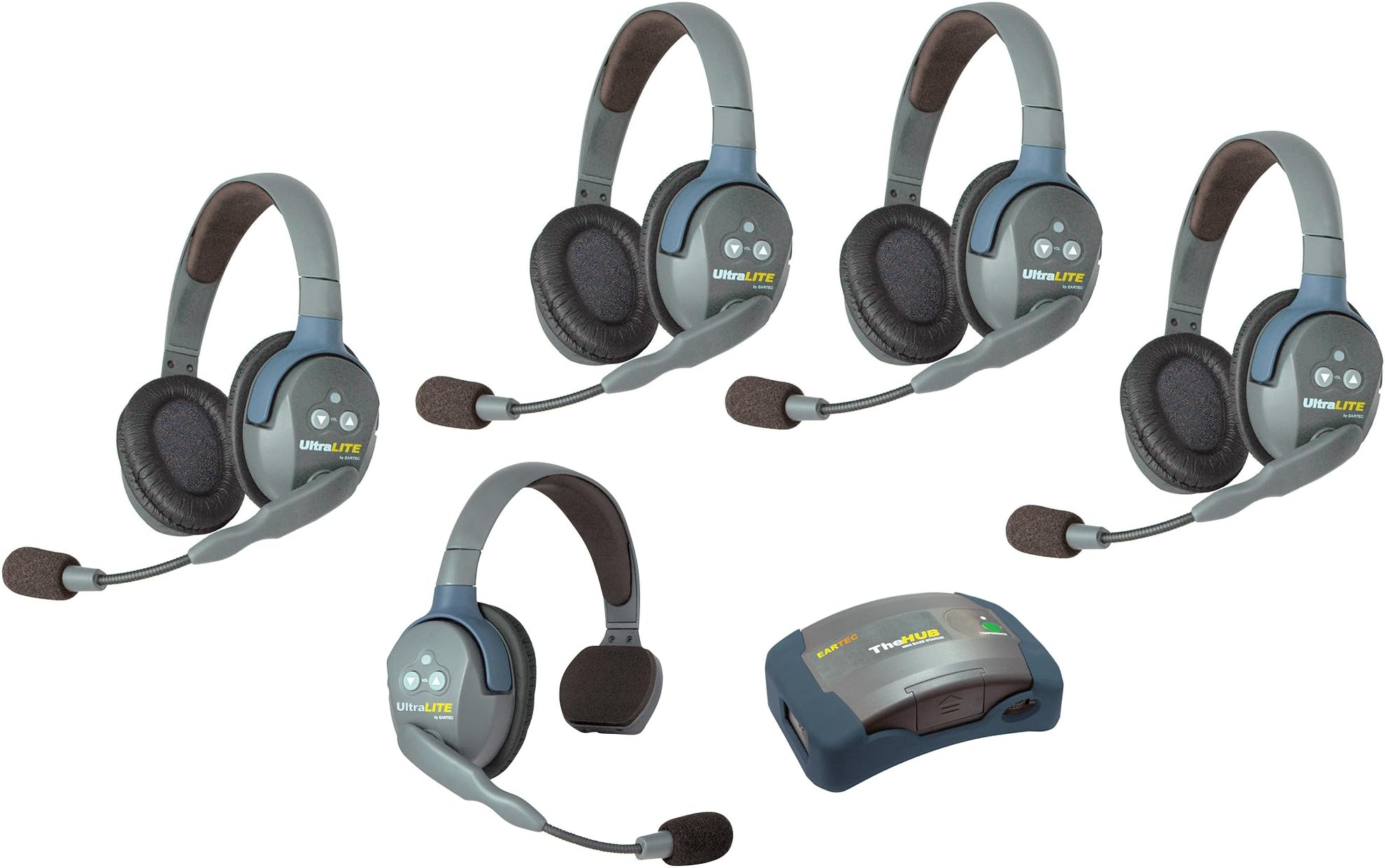 HUB514-5 Person System with 1 Single, 4 Double Wireless Communication Headsets and 1 HUB Mini Base Transceiver