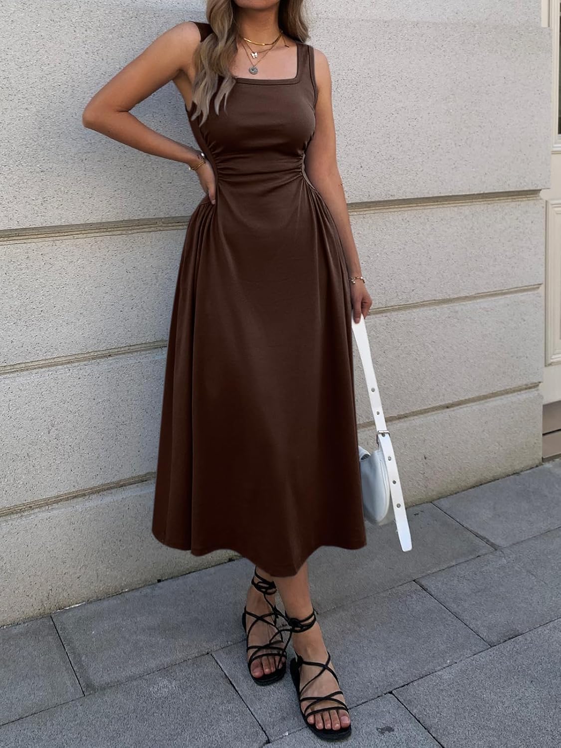 Women's Square Neck Sleeveless Slim-Fit Maxi Dress Ruched Waist Corset Flowy Casual Summer Dresses with Pockets - Image 3